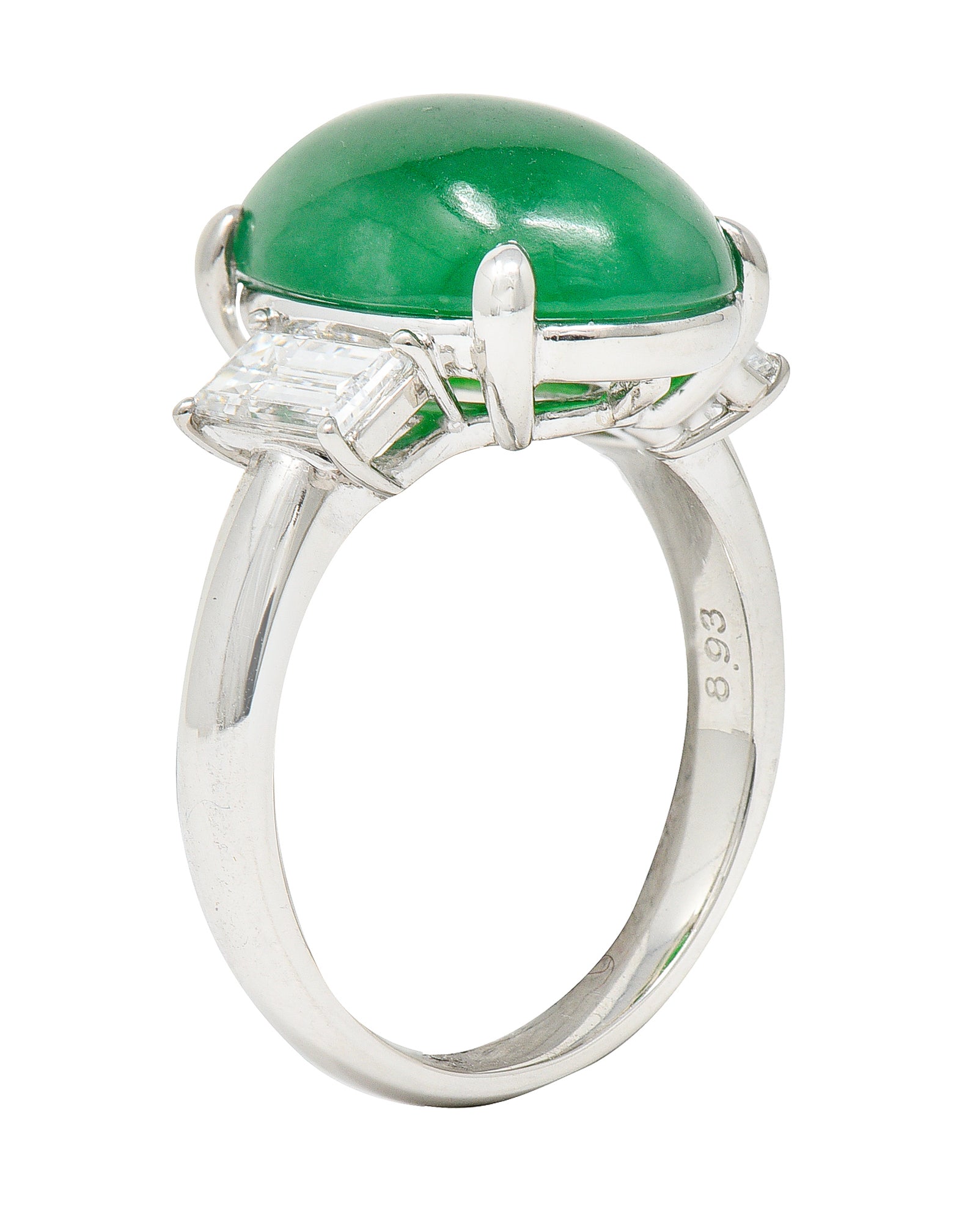 Jadeite Jade Diamond Platinum Three Stone Cabochon Ring GIA Wilson's Antique & Estate Jewelry