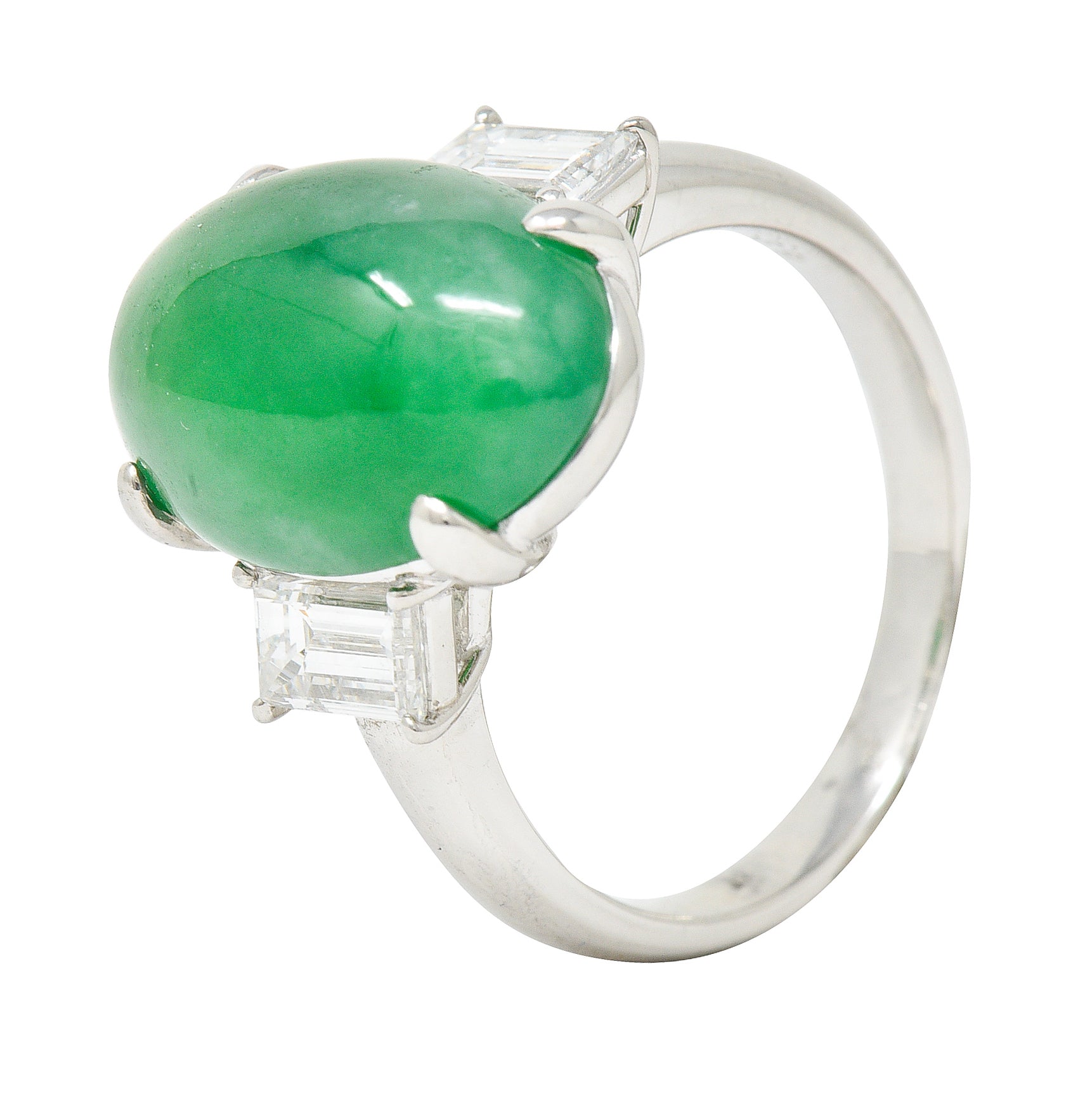 Jadeite Jade Diamond Platinum Three Stone Cabochon Ring GIA Wilson's Antique & Estate Jewelry