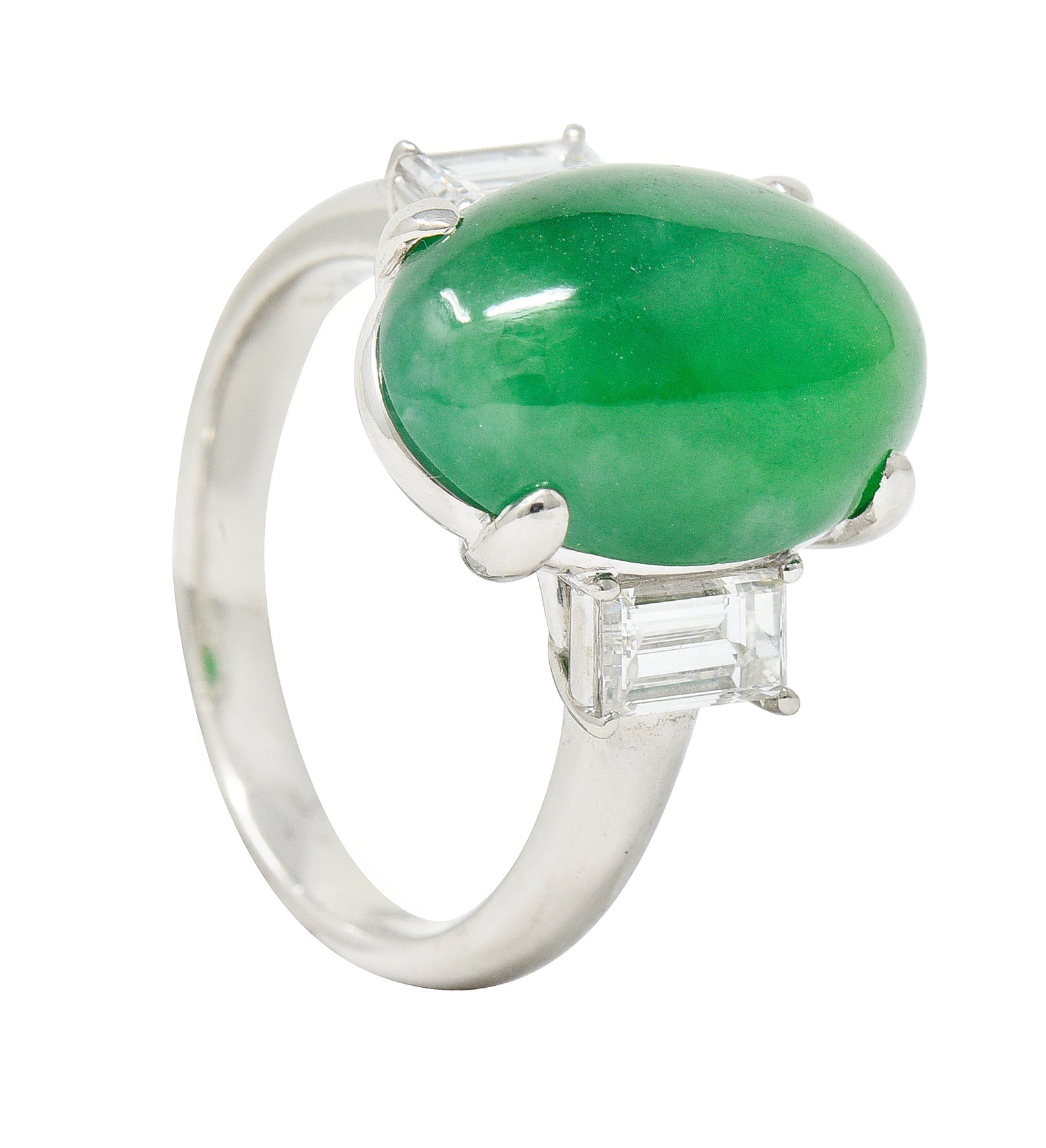 Jadeite Jade Diamond Platinum Three Stone Cabochon Ring GIA Wilson's Antique & Estate Jewelry