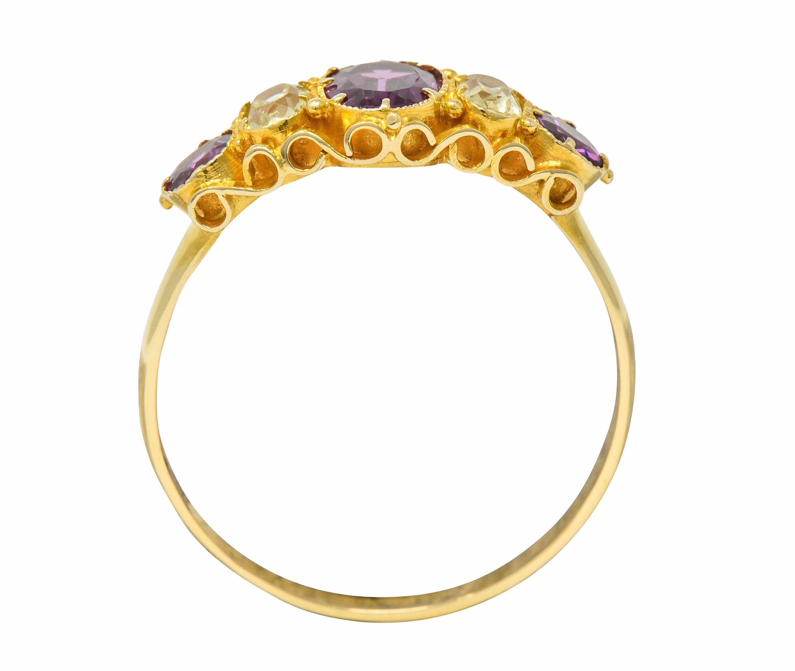 Victorian Rhodolite Garnet Chrysoberyl 18 Karat Gold Five Stone RingRing - Wilson's Estate Jewelry