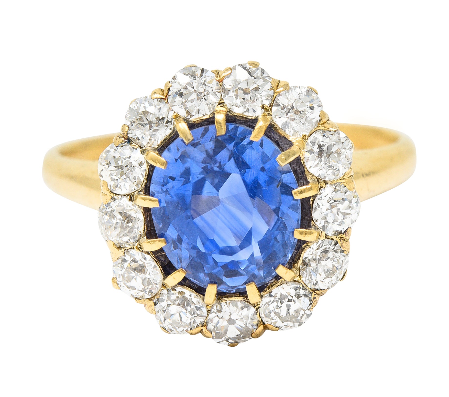 Victorian 3.95 CTW No-Heat Ceylon Sapphire Old Mine Cut Diamond 14 Karat Yellow Gold Antique Halo Gemstone Ring GIA Wilson's Estate Jewelry