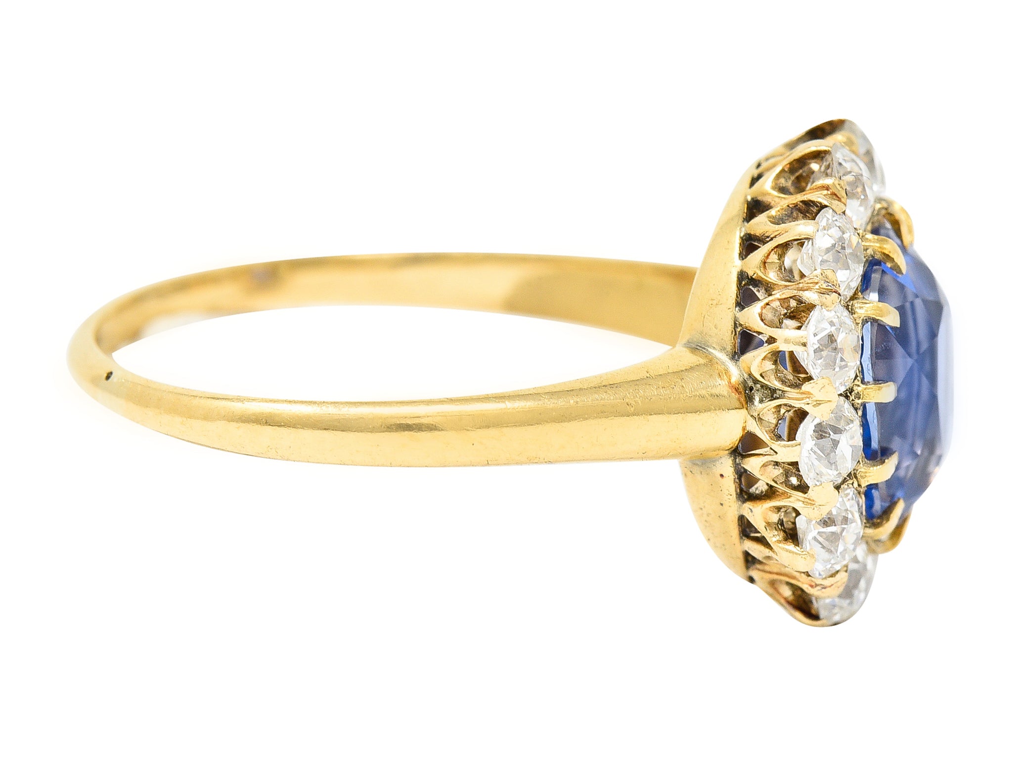 Victorian 3.95 CTW No-Heat Ceylon Sapphire Old Mine Cut Diamond 14 Karat Yellow Gold Antique Halo Gemstone Ring GIA Wilson's Estate Jewelry