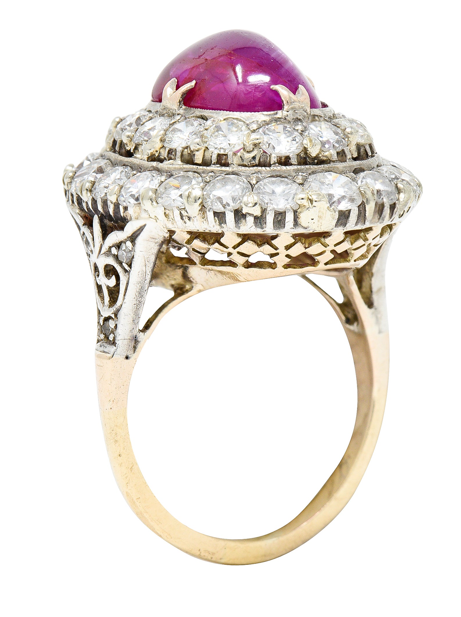 Vintage 10.55 CTW No Heat Burma Ruby Cabochon Diamond Silver-Topped 14 Karat Gold Cluster Ring GIA Wilson's Antique & Estate Jewelry