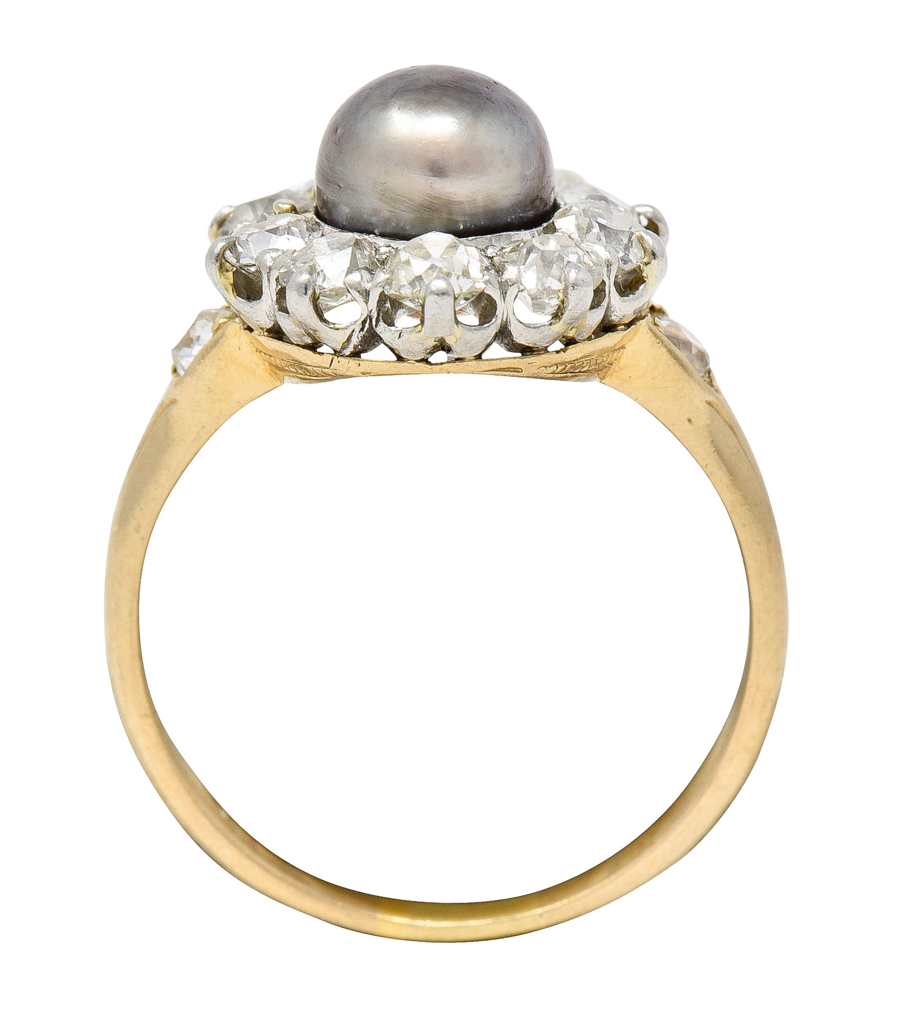 Edwardian 1.40 CTW Old Mine Cut Diamond Natural Pearl Platinum-Topped 14 Karat Yellow Gold Antique Cluster Ring Wilson's Estate Jewelry