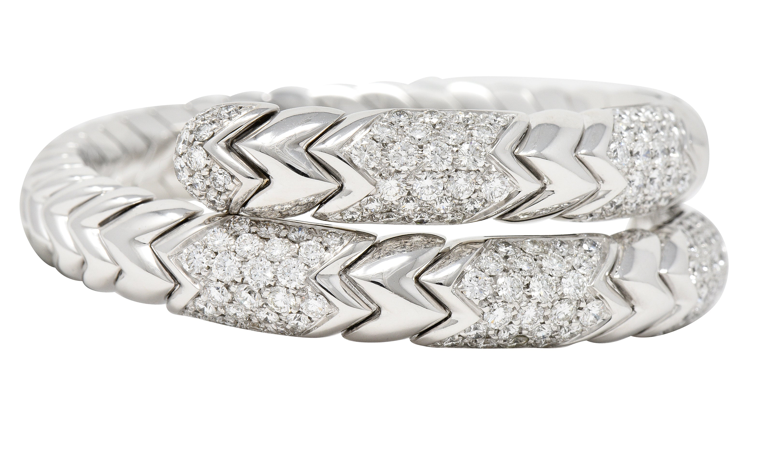 Bulgari French 6.50 CTW Diamond 18 Karat White Gold Spiga Serpenti Wrap Cuff Bracelet Wilson's Estate Jewelry