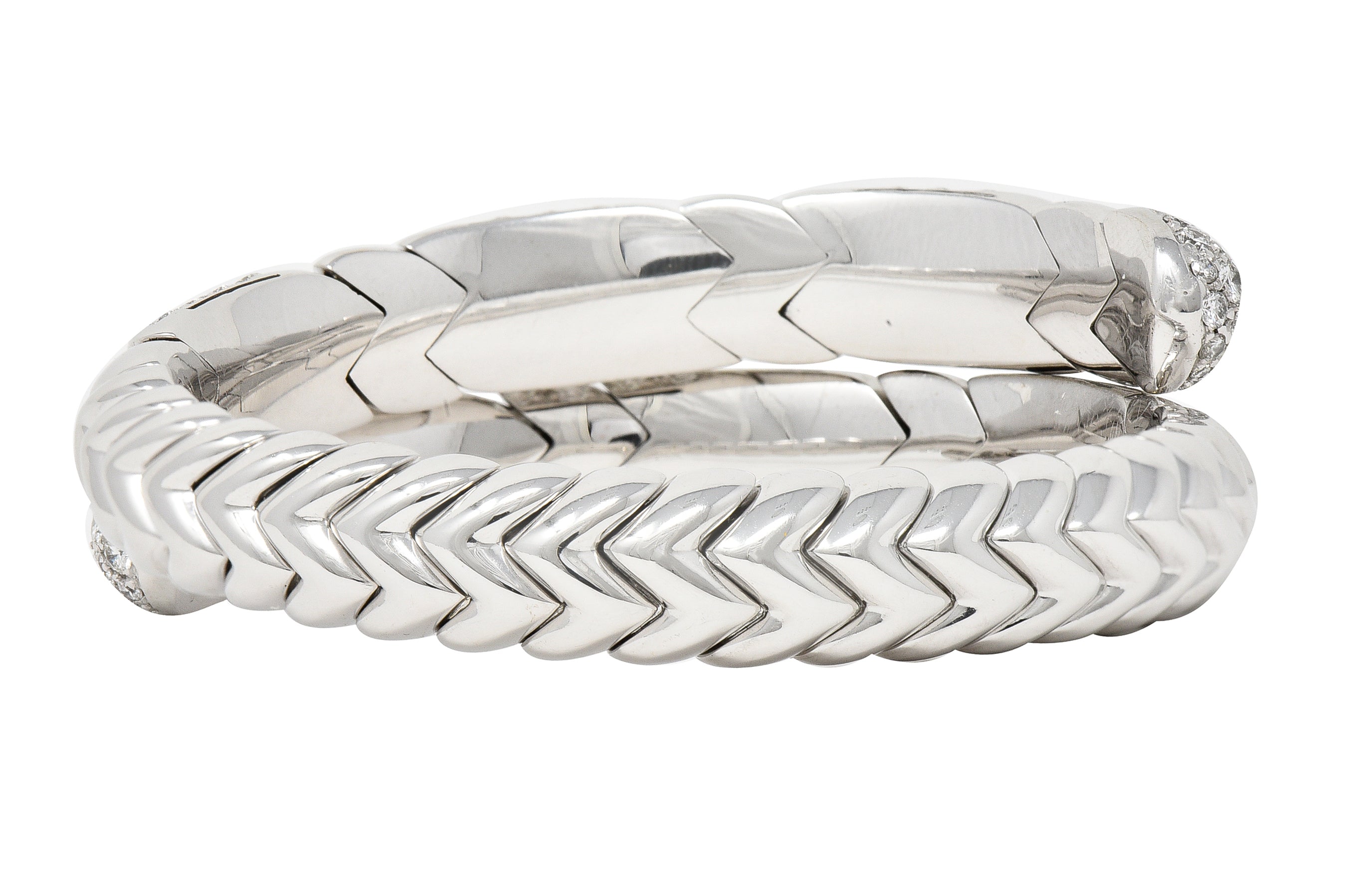 Bulgari French 6.50 CTW Diamond 18 Karat White Gold Spiga Serpenti Wrap Cuff Bracelet Wilson's Estate Jewelry