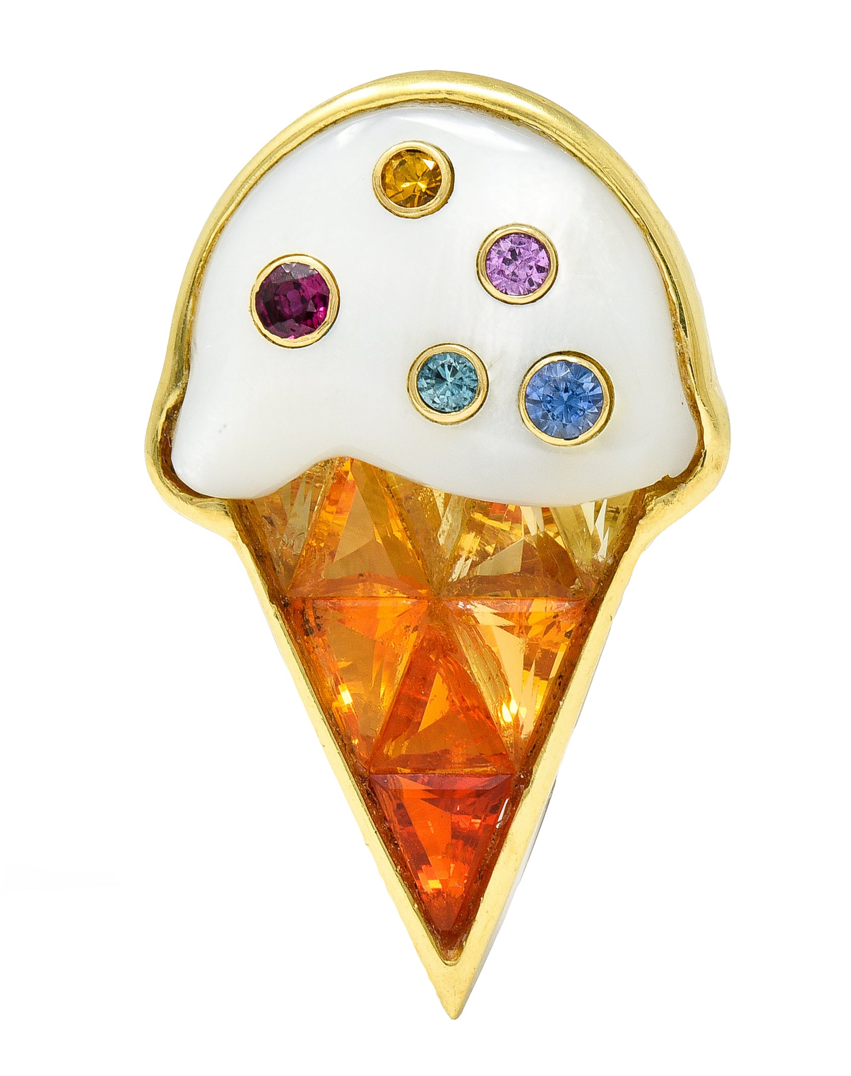 1990's Multi-Gem 18 Karat Yellow Gold Ice Cream Cone Vintage Brooch