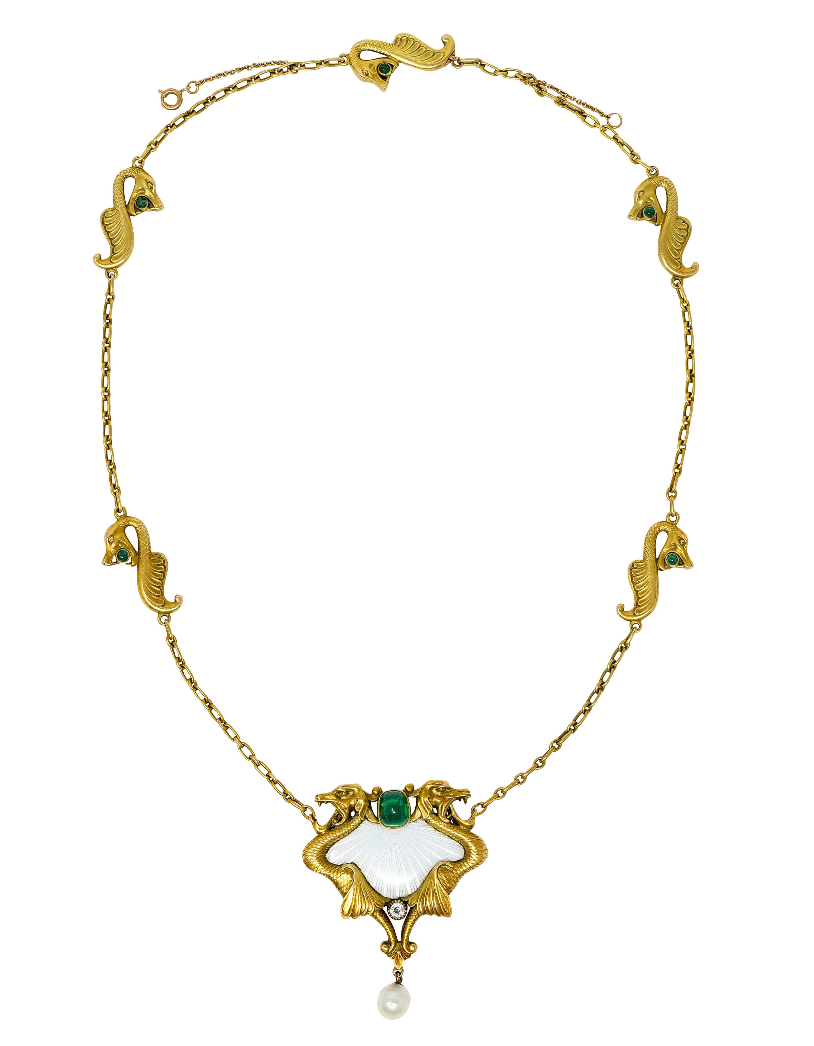 Art Nouveau Diamond Emerald Enamel Pearl 14 Karat Gold Serpent NecklaceNecklace - Wilson's Estate Jewelry