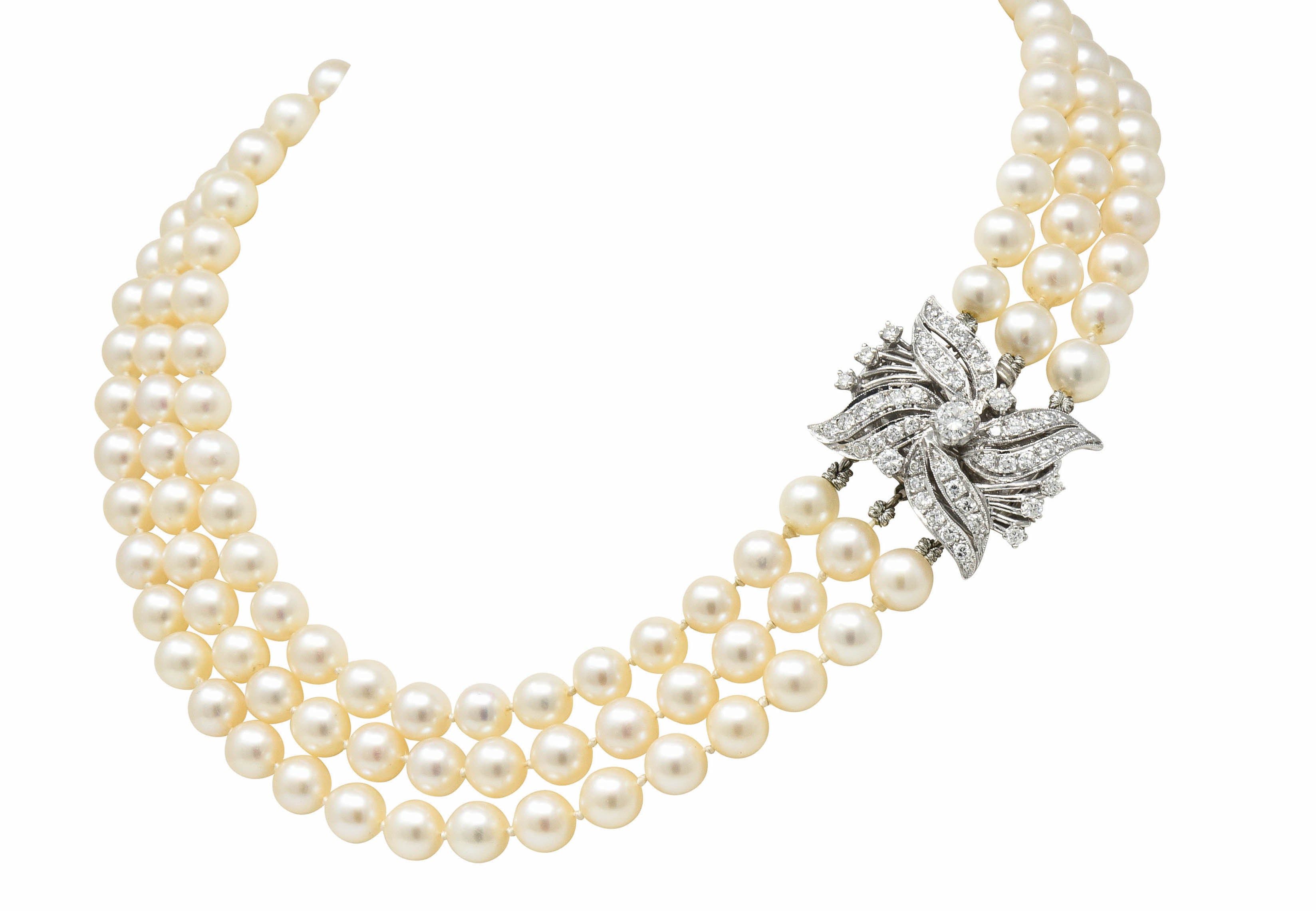 Retro 1.70 CTW Diamond Cultured Pearl 14 Karat White Gold Multi-Strand Necklace & BroochNecklace - Wilson's Estate Jewelry