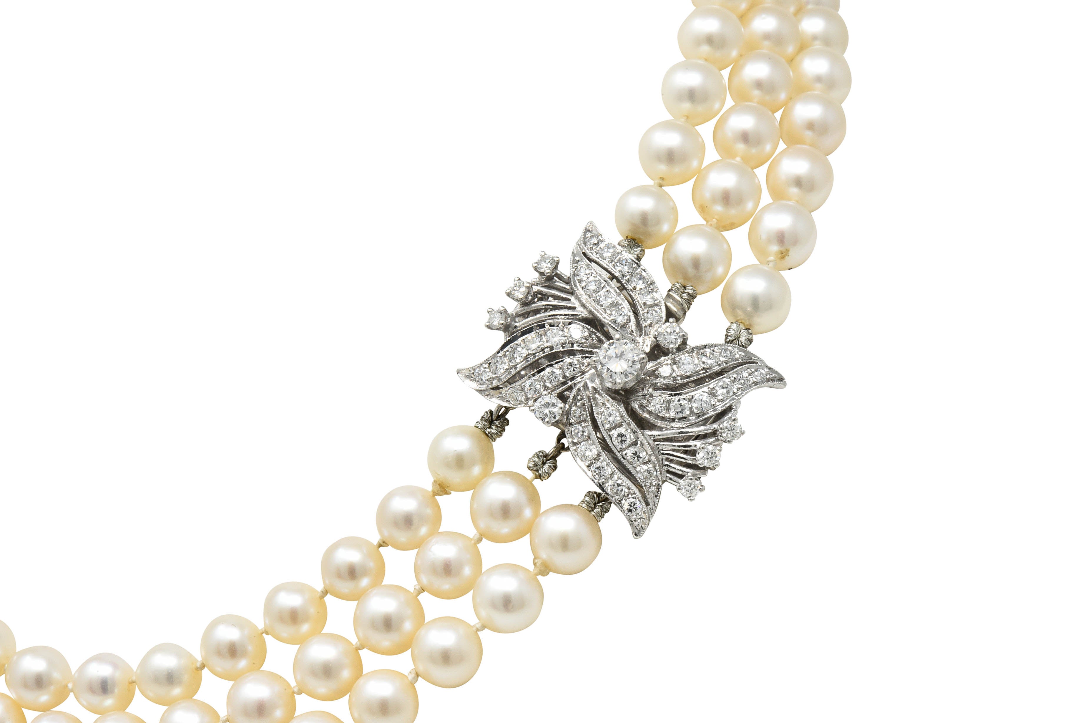 Retro 1.70 CTW Diamond Cultured Pearl 14 Karat White Gold Multi-Strand Necklace & BroochNecklace - Wilson's Estate Jewelry