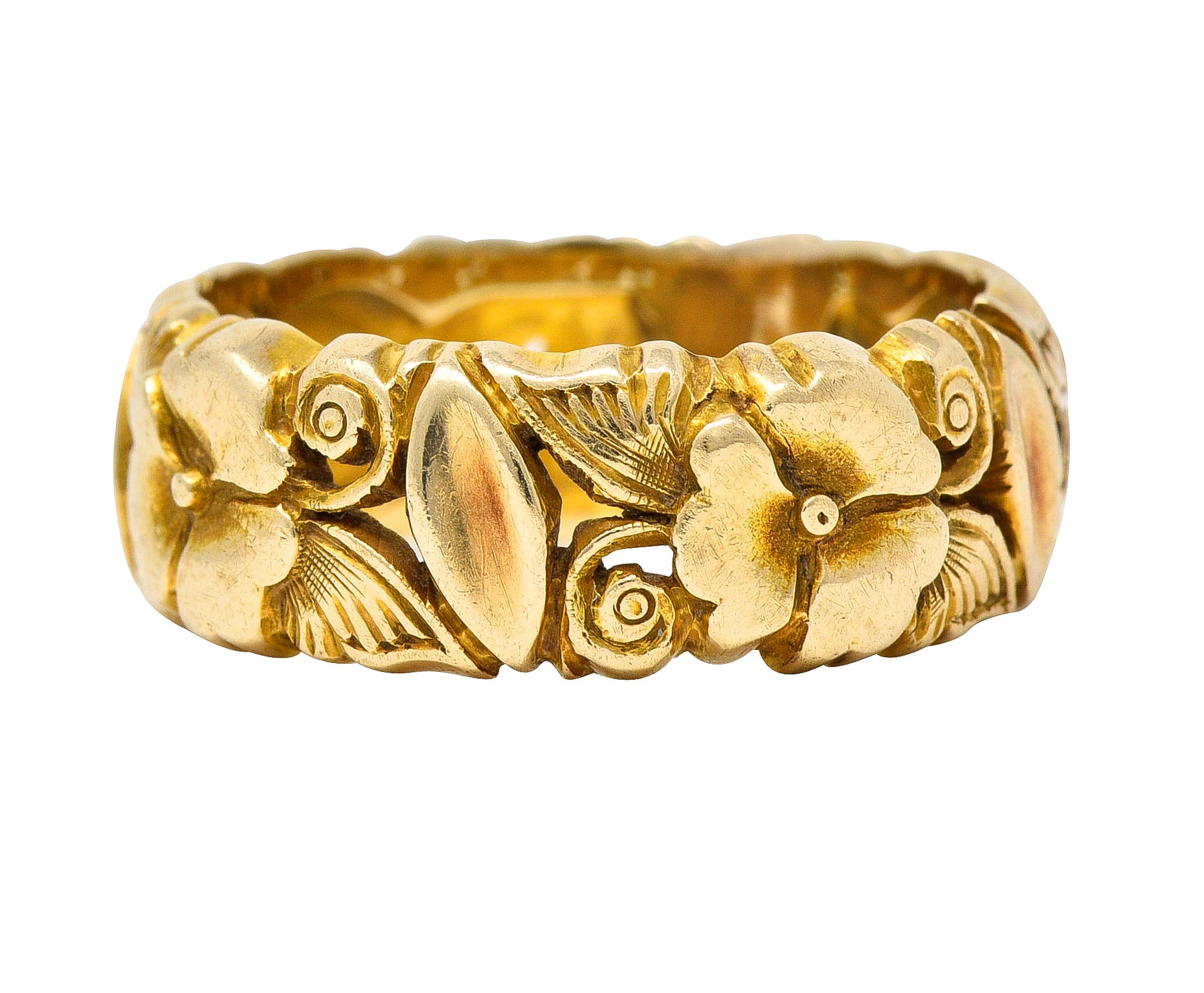 Art Nouveau 14 Karat Yellow Gold Pansy Antique Floral Eternity Band Ring Wilson's Estate Jewelry