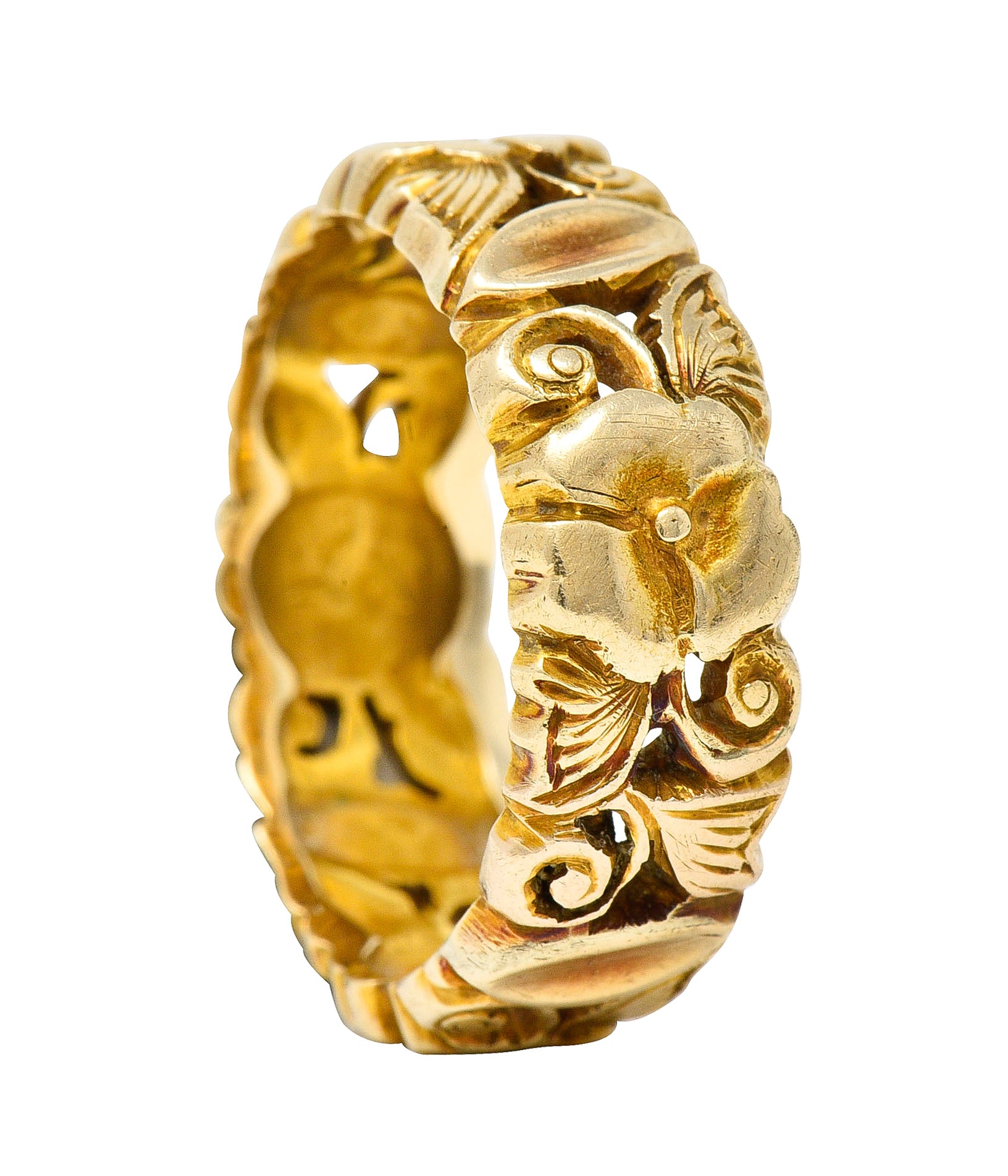 Art Nouveau 14 Karat Yellow Gold Pansy Antique Floral Eternity Band Ring Wilson's Estate Jewelry