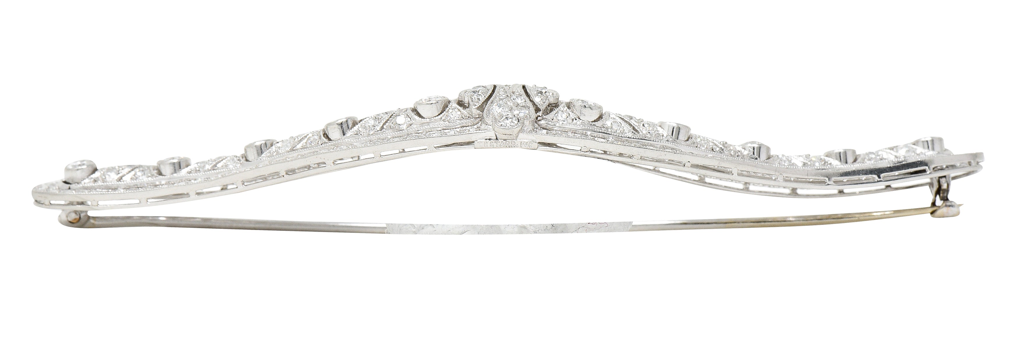 Substantial T.B. & Starr Inc. Edwardian 4.70 CTW Diamond 14 Karat Gold Antique Curved Bar Brooch Wilson's Estate Jewelry