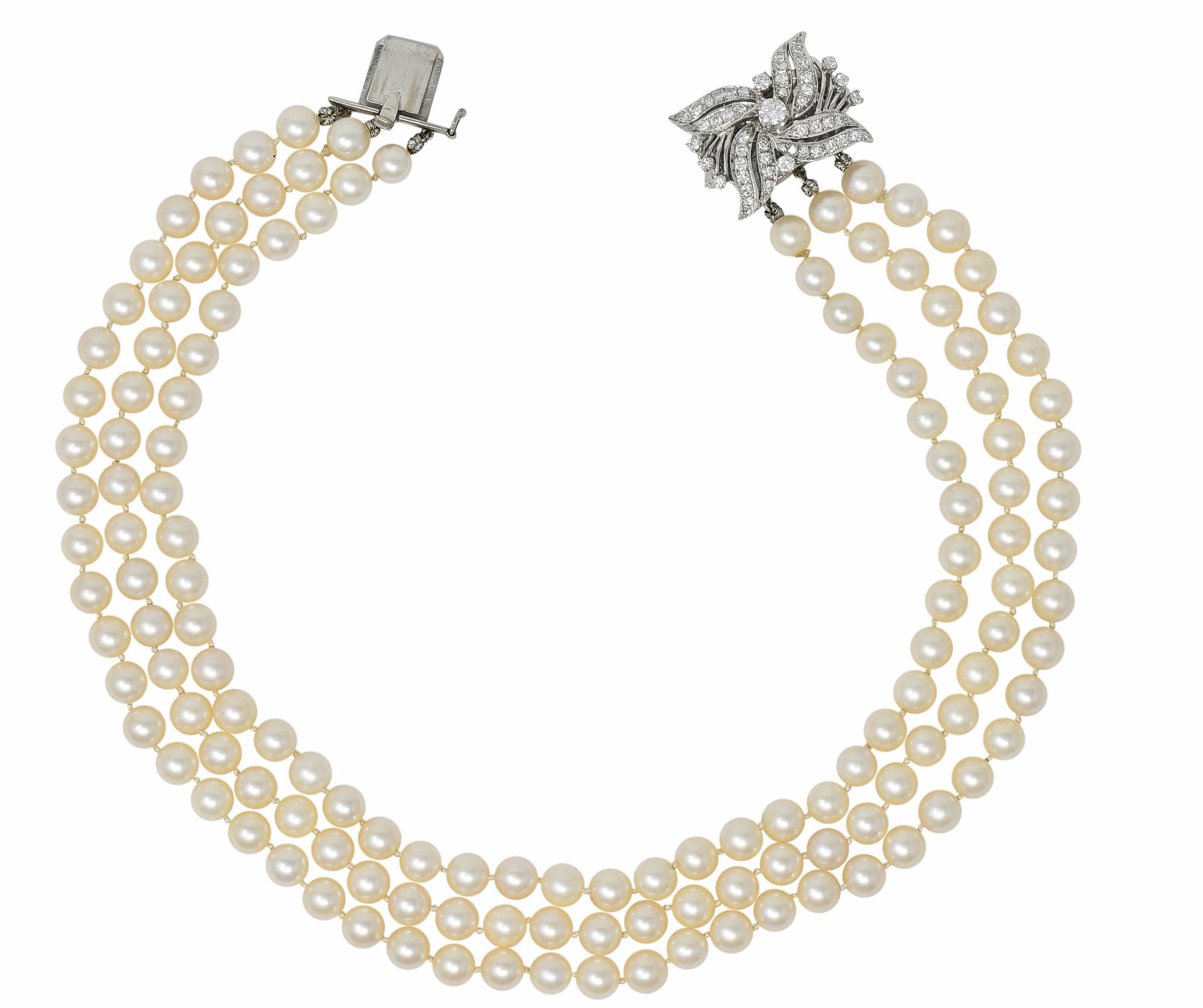 Retro 1.70 CTW Diamond Cultured Pearl 14 Karat White Gold Multi-Strand Necklace & BroochNecklace - Wilson's Estate Jewelry