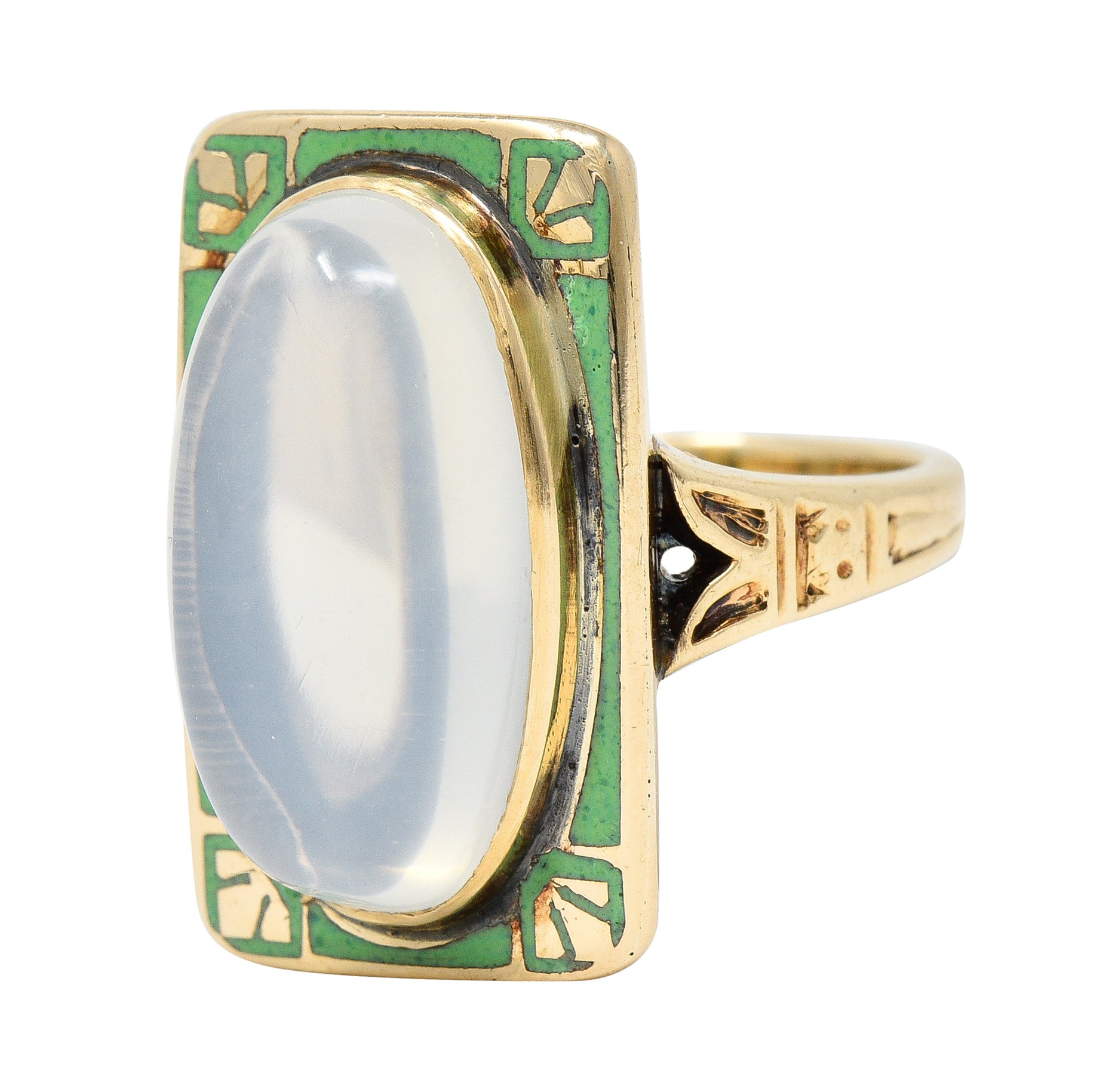 Allsop Bros. Art Nouveau Moonstone Cabochon Enamel 10 Karat Yellow Gold Antique Gemstone Ring Wilson's Estate Jewelry