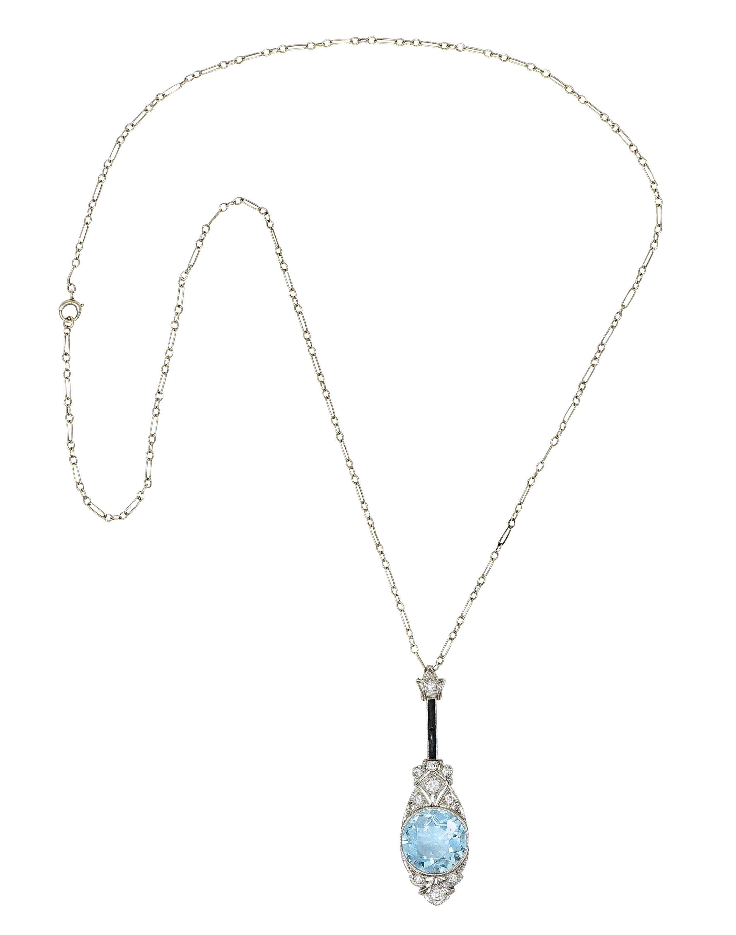 Art Deco Onyx 5.20 CTW Diamond Aquamarine Platinum Pendant Necklace Wilson's Antique & Estate Jewelry