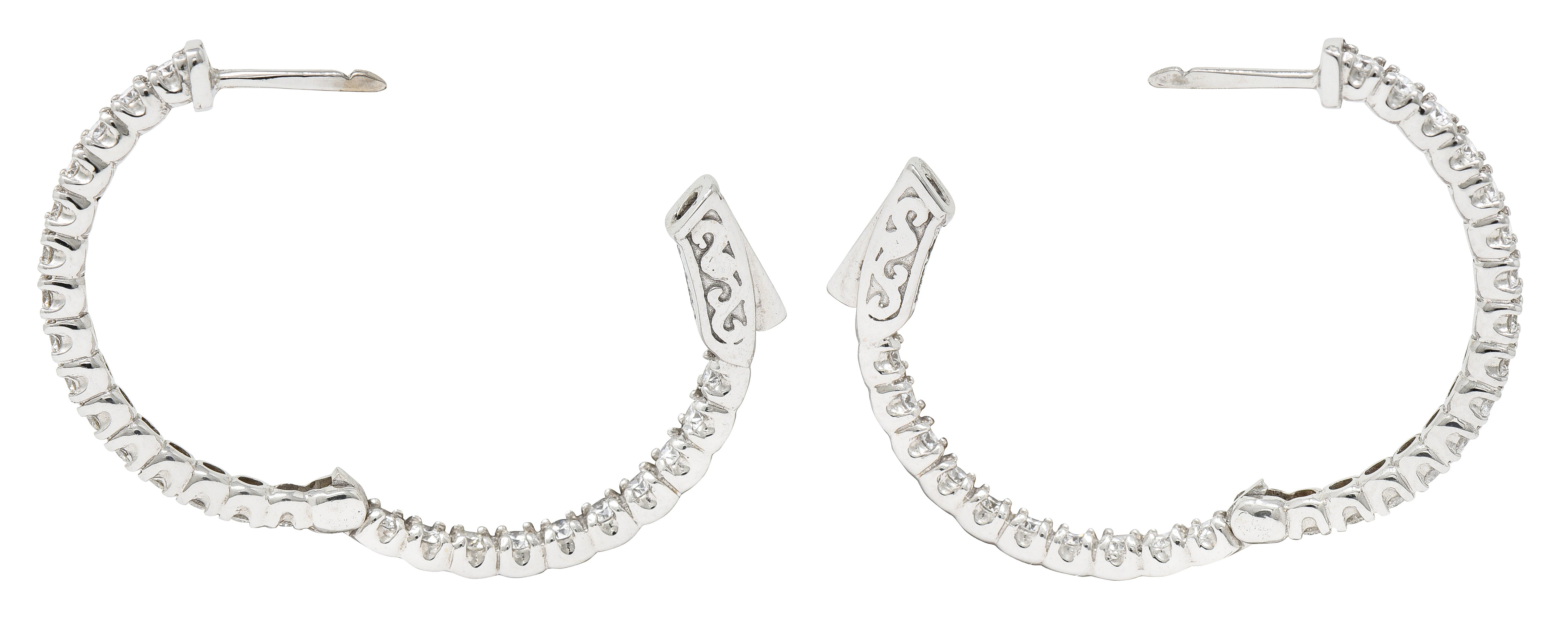 1.50 Carats Diamond 14 Karat White Gold Inside Outside 27 MM Hoop Earrings Wilson's Estate Jewelry