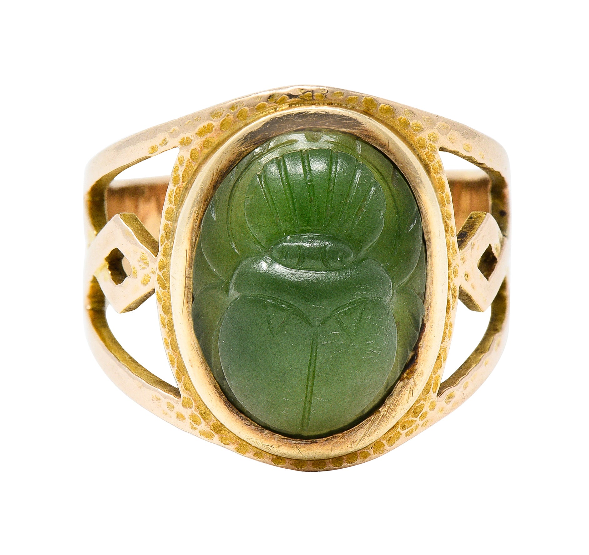 Victorian Egyptian Revival Carved Nephrite 14 Karat Yellow Gold Antique Scarab Ring Wilson's Estate Jewelry