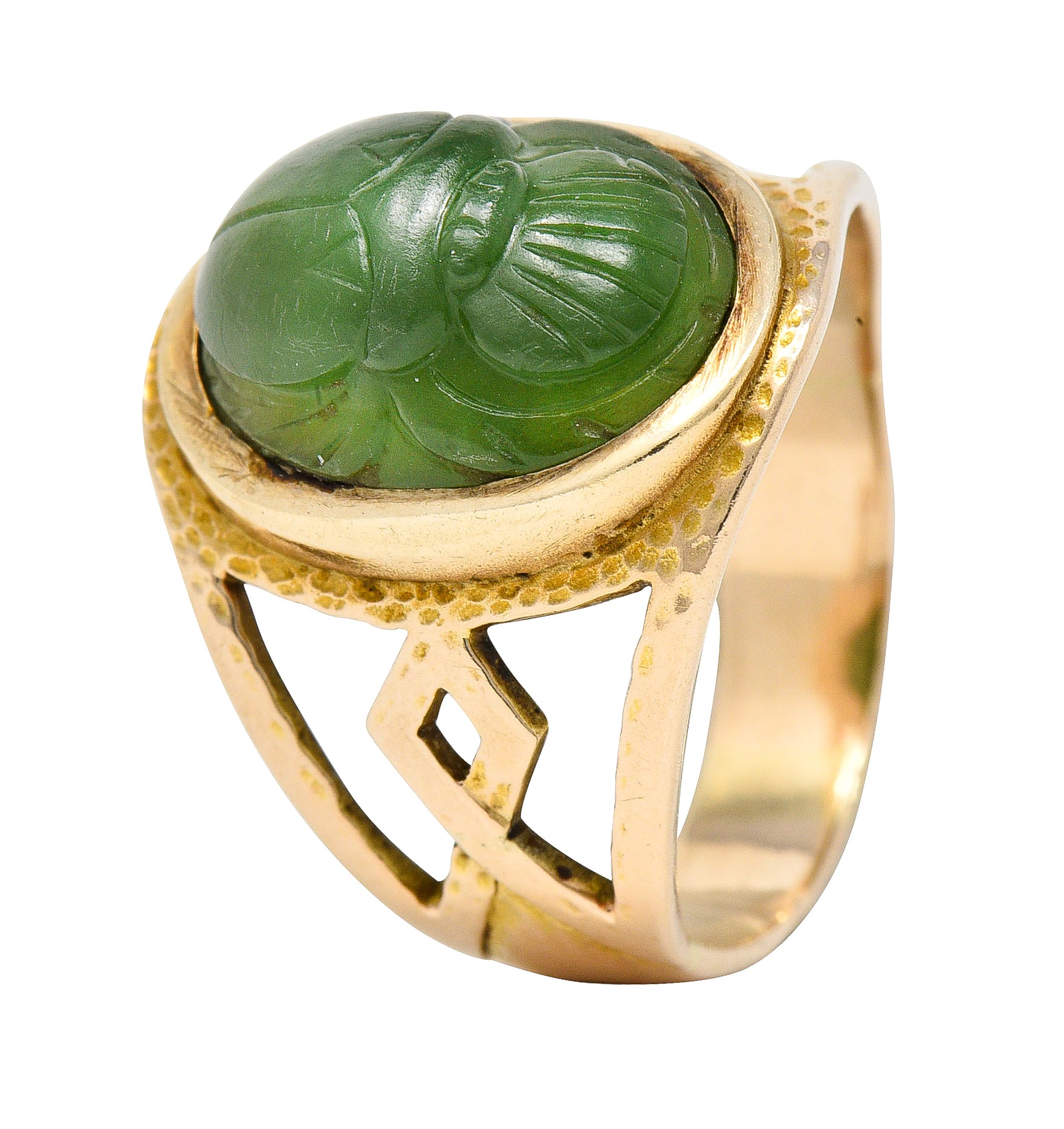 Victorian Egyptian Revival Carved Nephrite 14 Karat Yellow Gold Antique Scarab Ring Wilson's Estate Jewelry