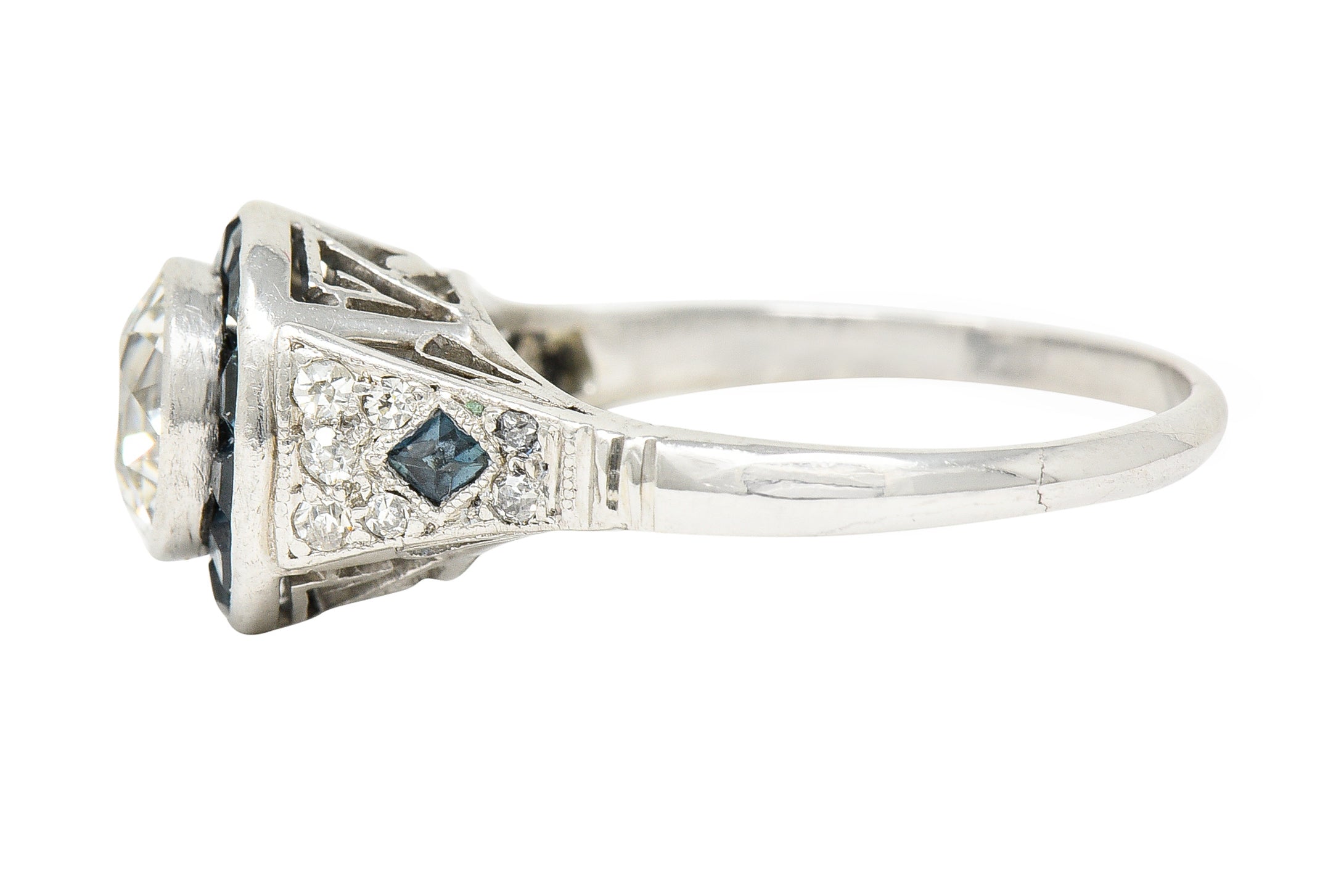 Art Deco 1.22 CTW Old European Cut Diamond Sapphire Halo Greek Key Foliate Engagement Ring Wilson's Estate Jewelry