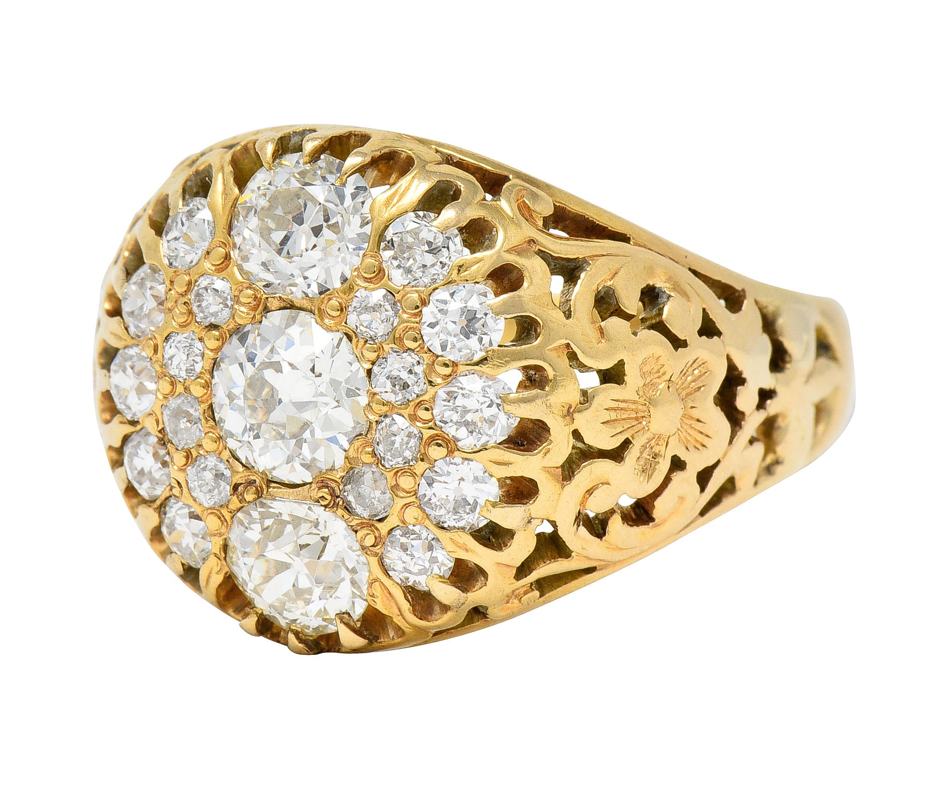 Art Nouveau 2.09 CTW Old European Cut Diamond 14 Karat Yellow Gold Floral Unisex Antique Cluster Ring Wilson's Estate Jewelry