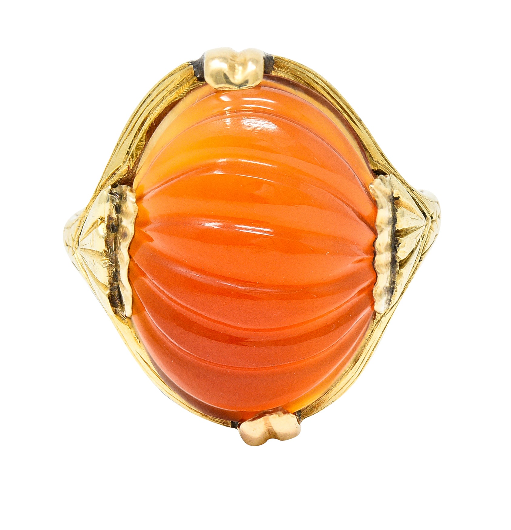 Early Art Deco Egyptian Revival Carved Carnelian 14 Karat Yellow Gold Gemstone Ring Wilson's Estate Jewelry