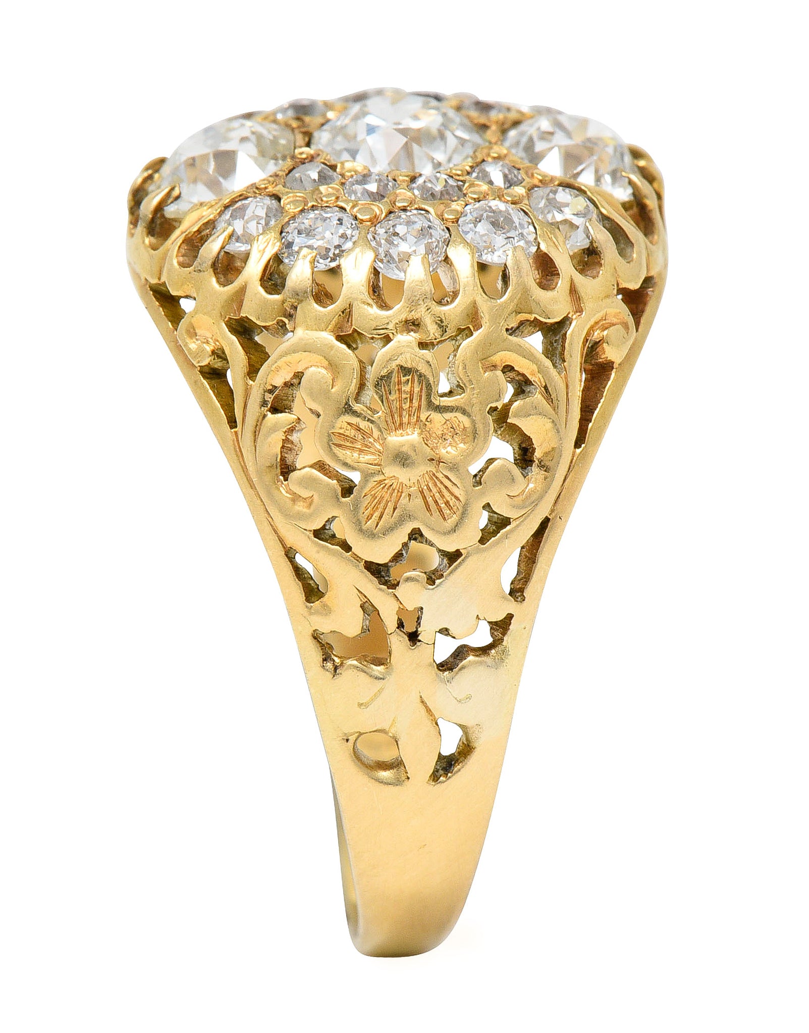 Art Nouveau 2.09 CTW Old European Cut Diamond 14 Karat Yellow Gold Floral Unisex Antique Cluster Ring Wilson's Estate Jewelry