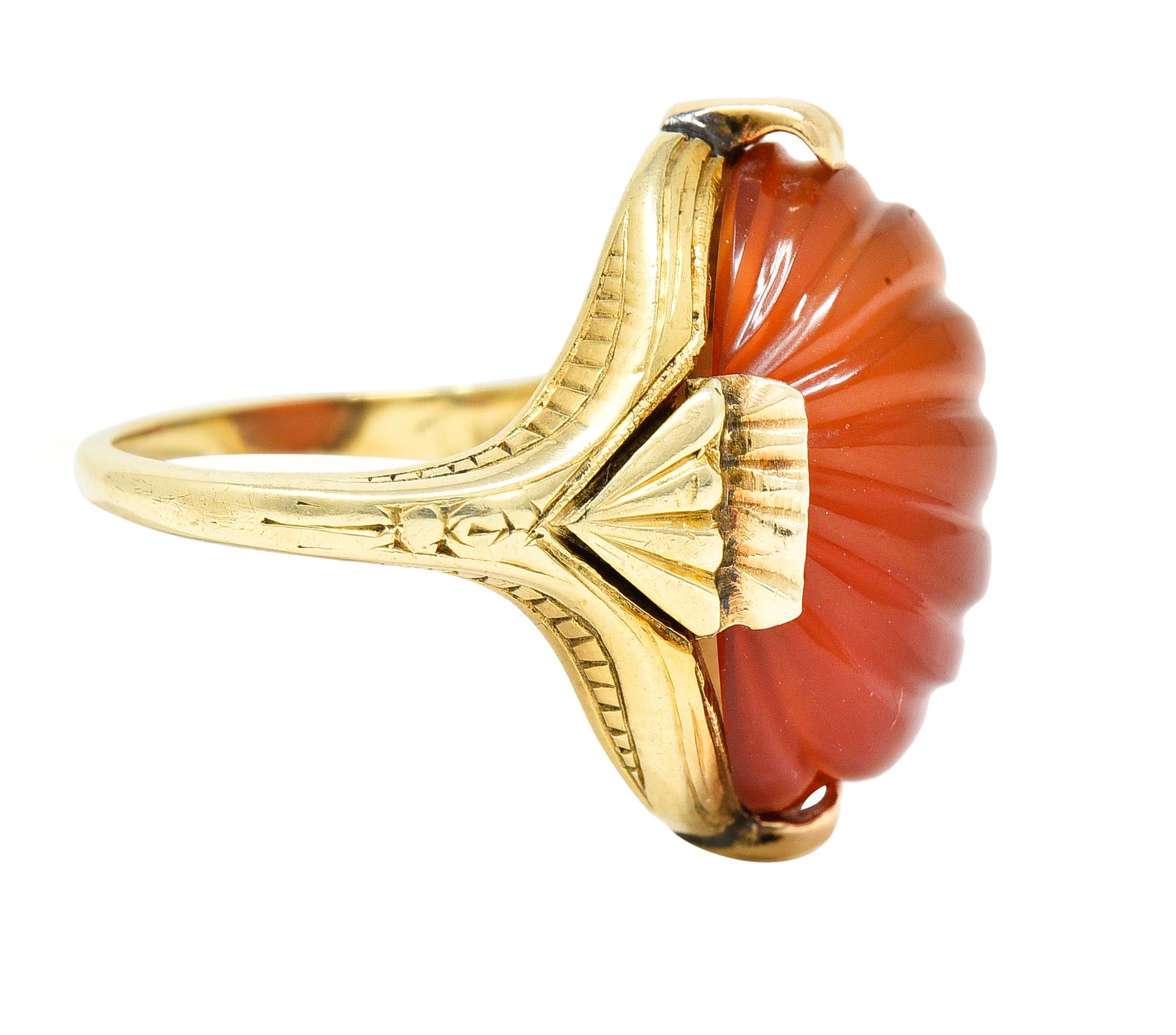 Early Art Deco Egyptian Revival Carved Carnelian 14 Karat Yellow Gold Gemstone Ring Wilson's Estate Jewelry