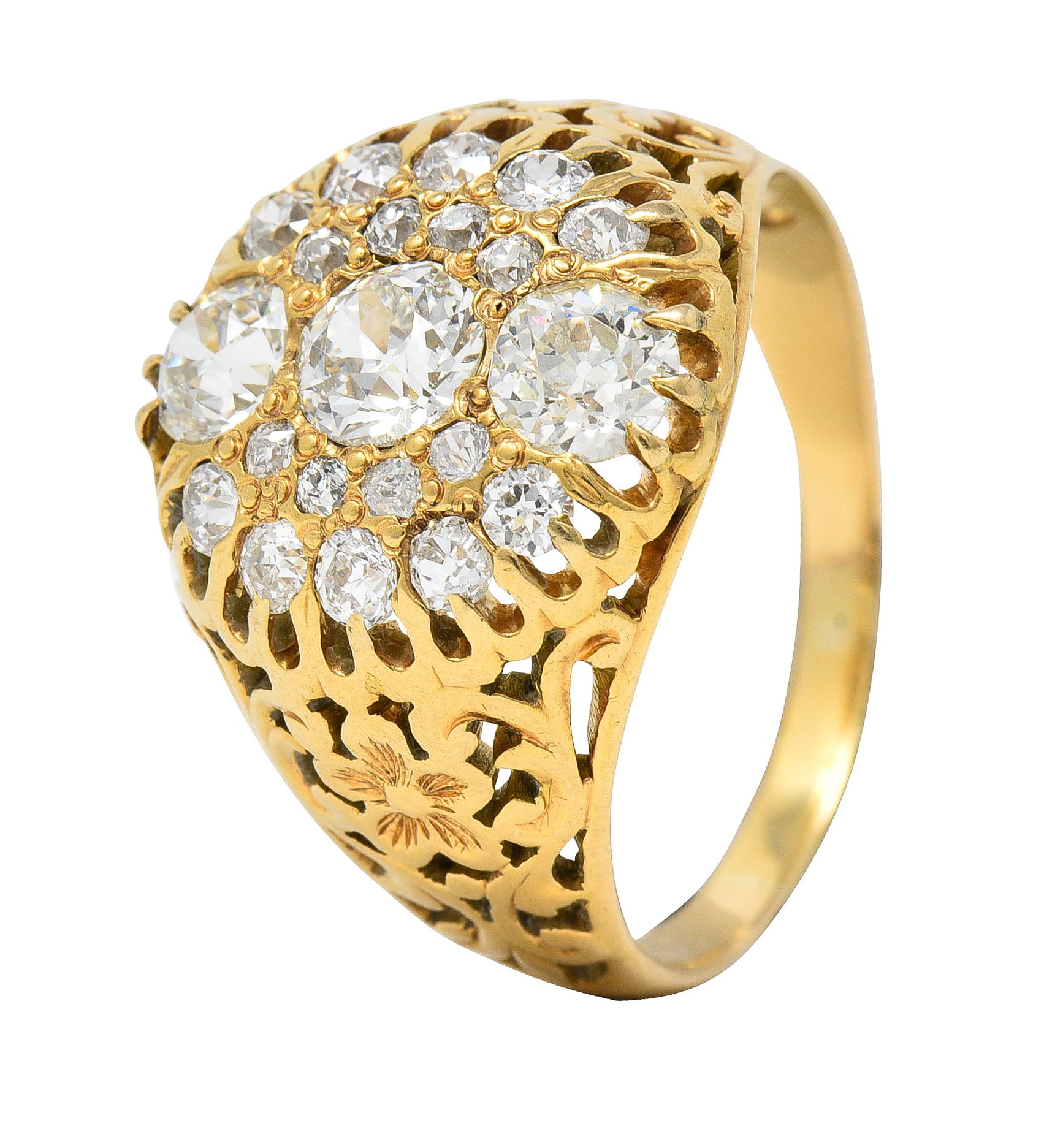 Art Nouveau 2.09 CTW Old European Cut Diamond 14 Karat Yellow Gold Floral Unisex Antique Cluster Ring Wilson's Estate Jewelry