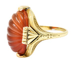 Early Art Deco Egyptian Revival Carved Carnelian 14 Karat Yellow Gold Gemstone Ring Wilson's Estate Jewelry