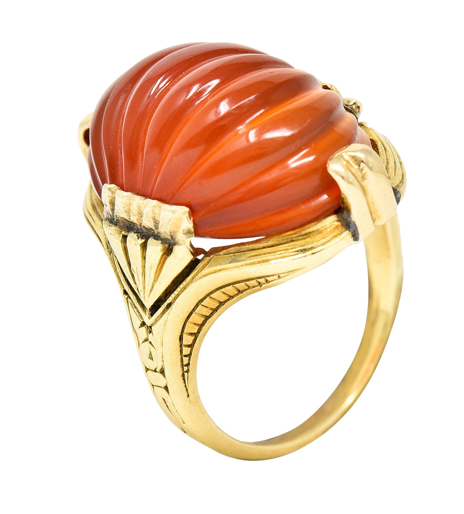 Early Art Deco Egyptian Revival Carved Carnelian 14 Karat Yellow Gold Gemstone Ring Wilson's Estate Jewelry