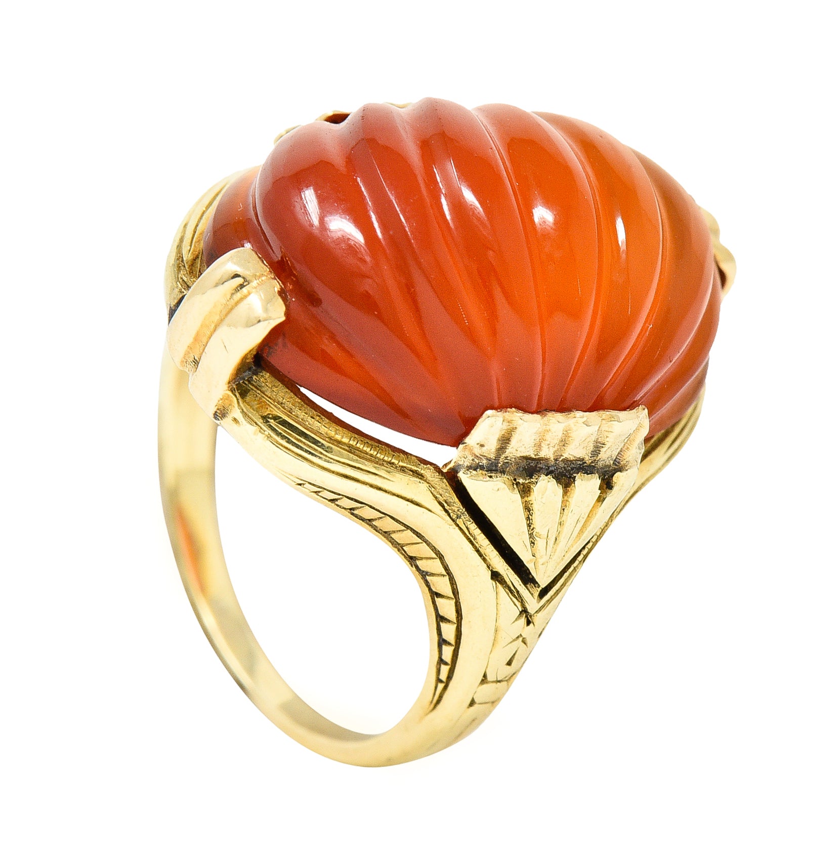 Early Art Deco Egyptian Revival Carved Carnelian 14 Karat Yellow Gold Gemstone Ring Wilson's Estate Jewelry