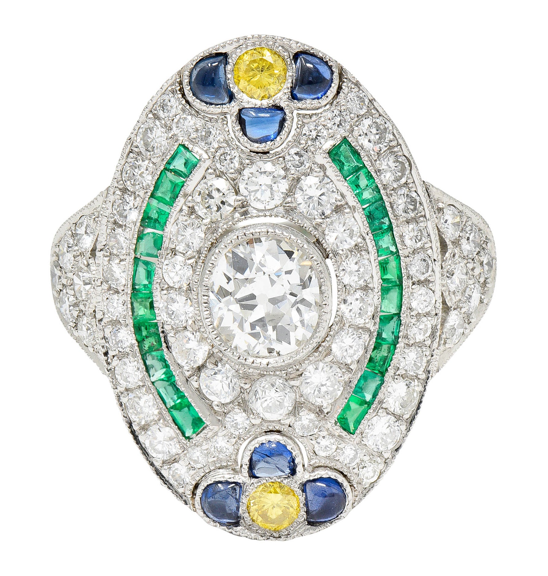 Contemporary 3.15 CTW Diamond & Fancy Diamond Emerald Sapphire Platinum Dinner RingRing - Wilson's Estate Jewelry