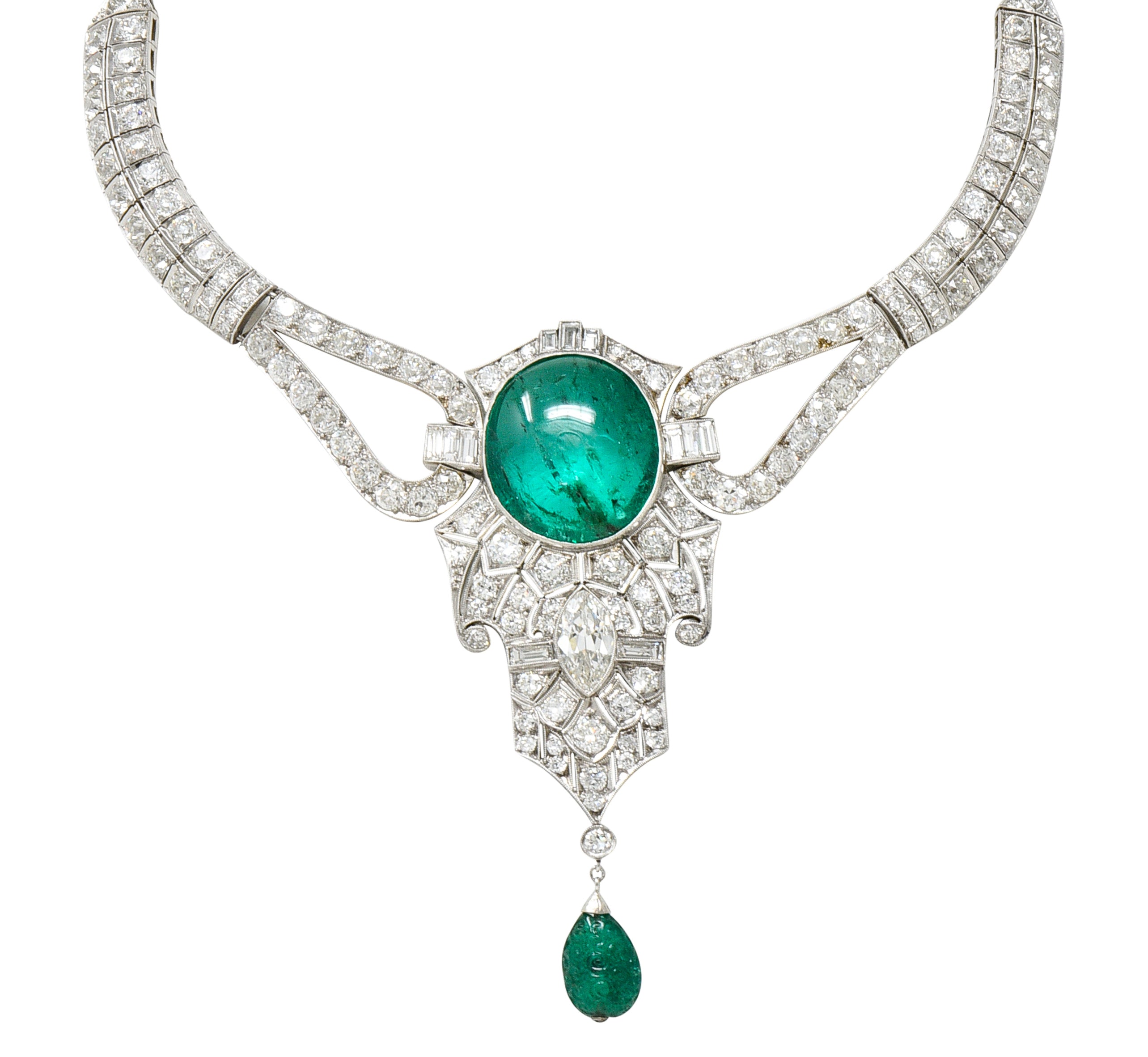 Substantial Art Deco Emerald Diamond Platinum Vintage Station Drop Necklace