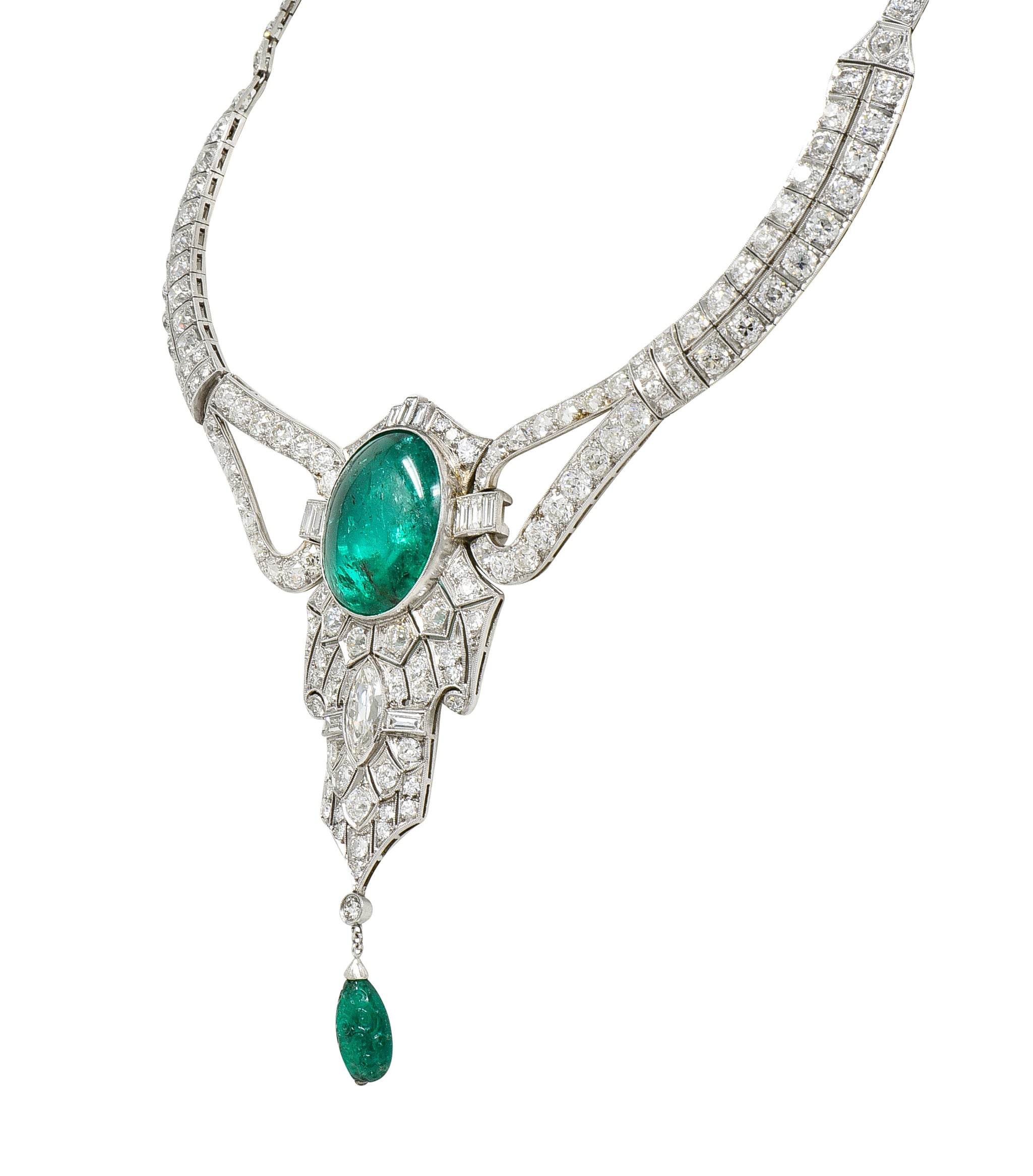 Substantial Art Deco Emerald Diamond Platinum Vintage Station Drop Necklace