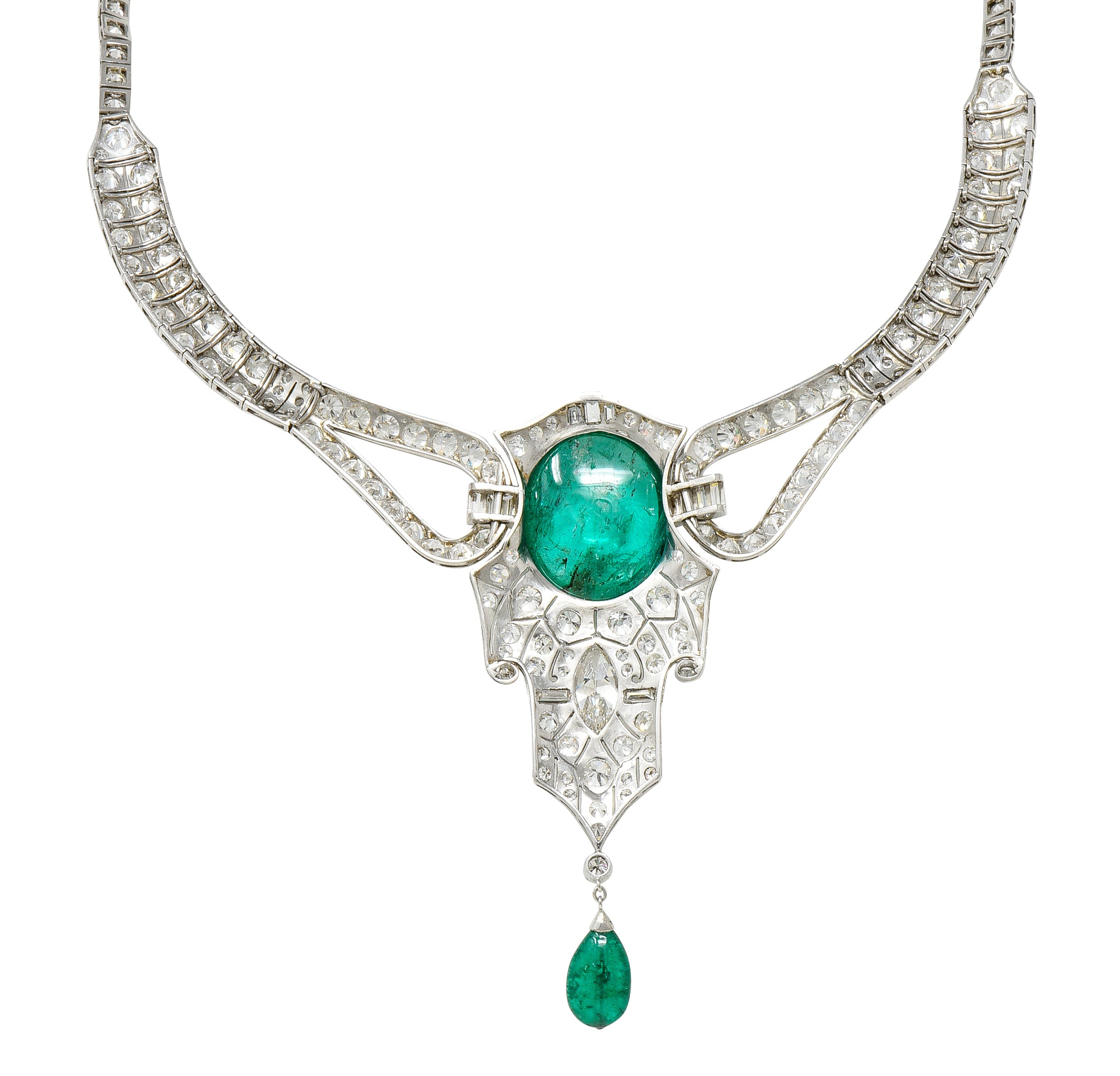 Substantial Art Deco Emerald Diamond Platinum Vintage Station Drop Necklace