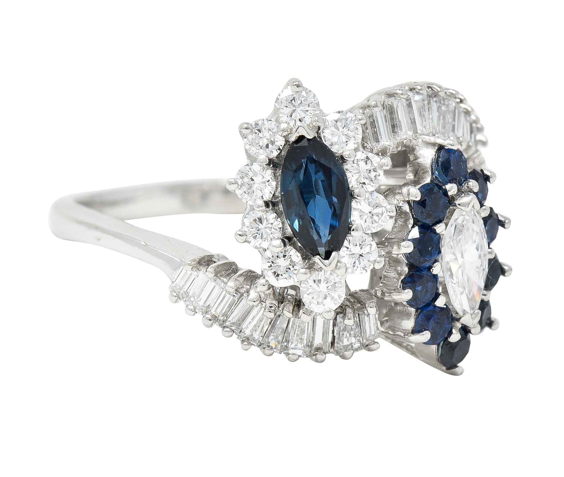 Mid-Century 1.68 CTW Marquise Cut Sapphire Diamond Platinum Clustered Vintage Bypass Ring Wilson's Estate Jewelry