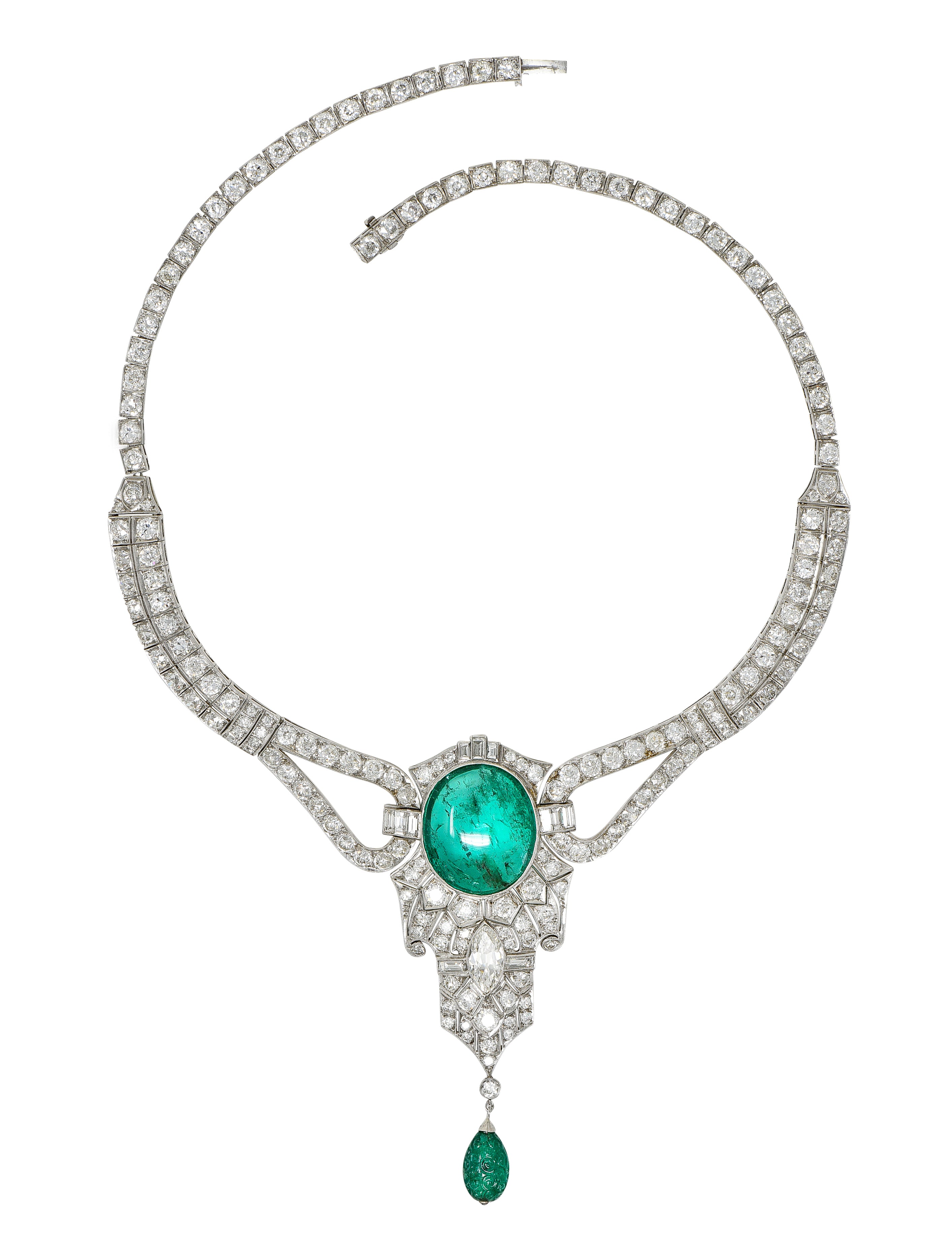 Substantial Art Deco Emerald Diamond Platinum Vintage Station Drop Necklace