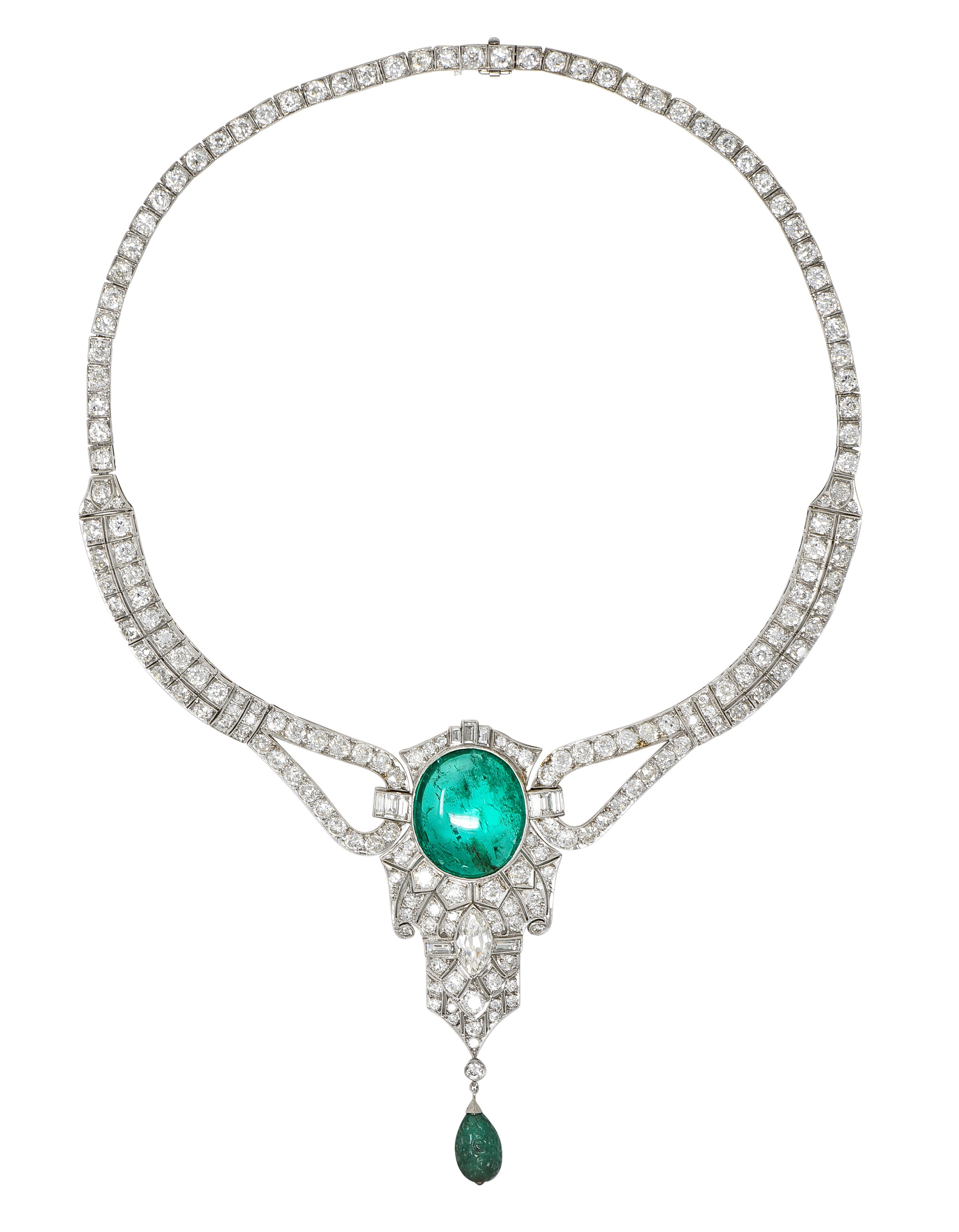 Substantial Art Deco Emerald Diamond Platinum Vintage Station Drop Necklace