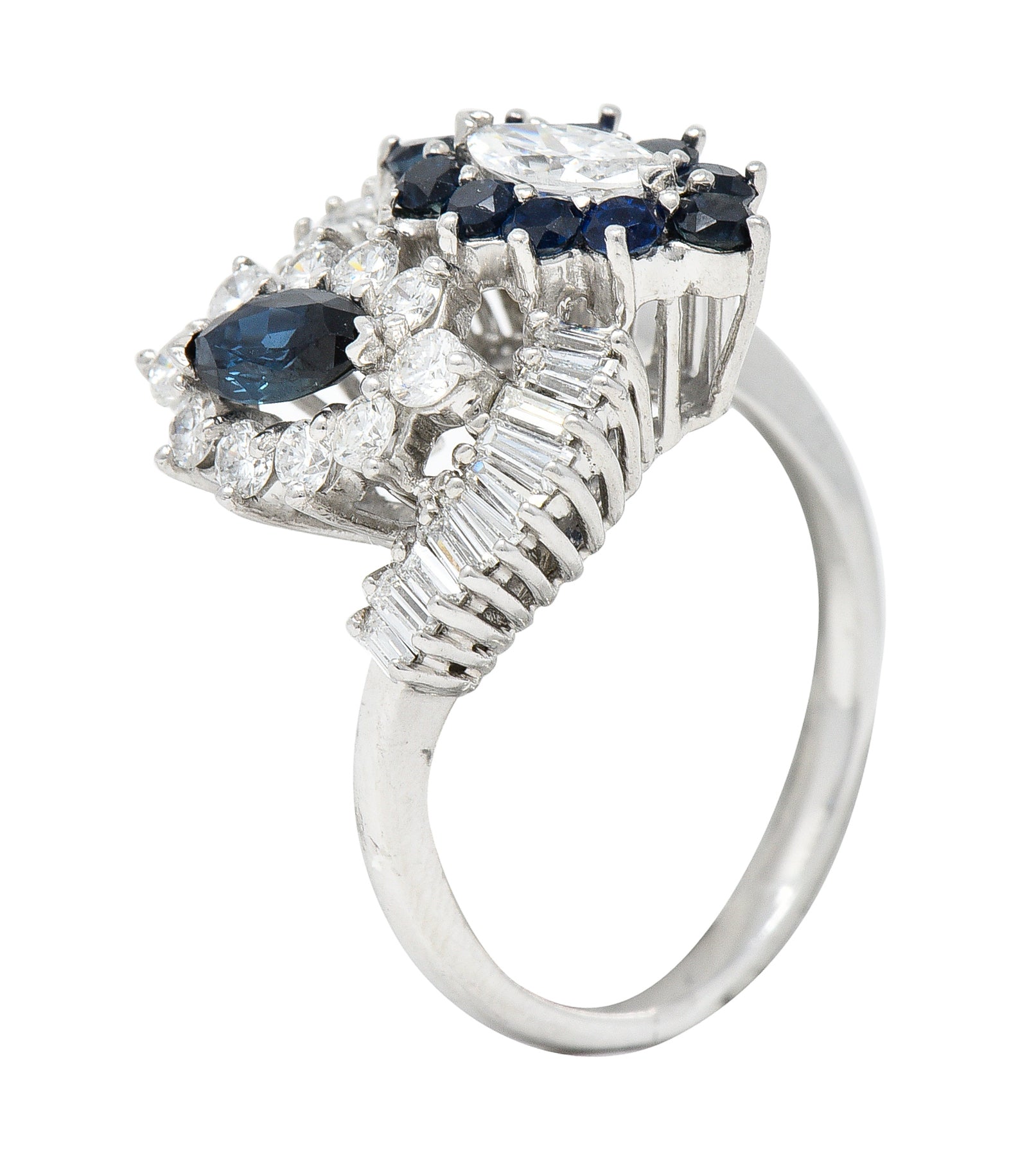 Mid-Century 1.68 CTW Marquise Cut Sapphire Diamond Platinum Clustered Vintage Bypass Ring Wilson's Estate Jewelry