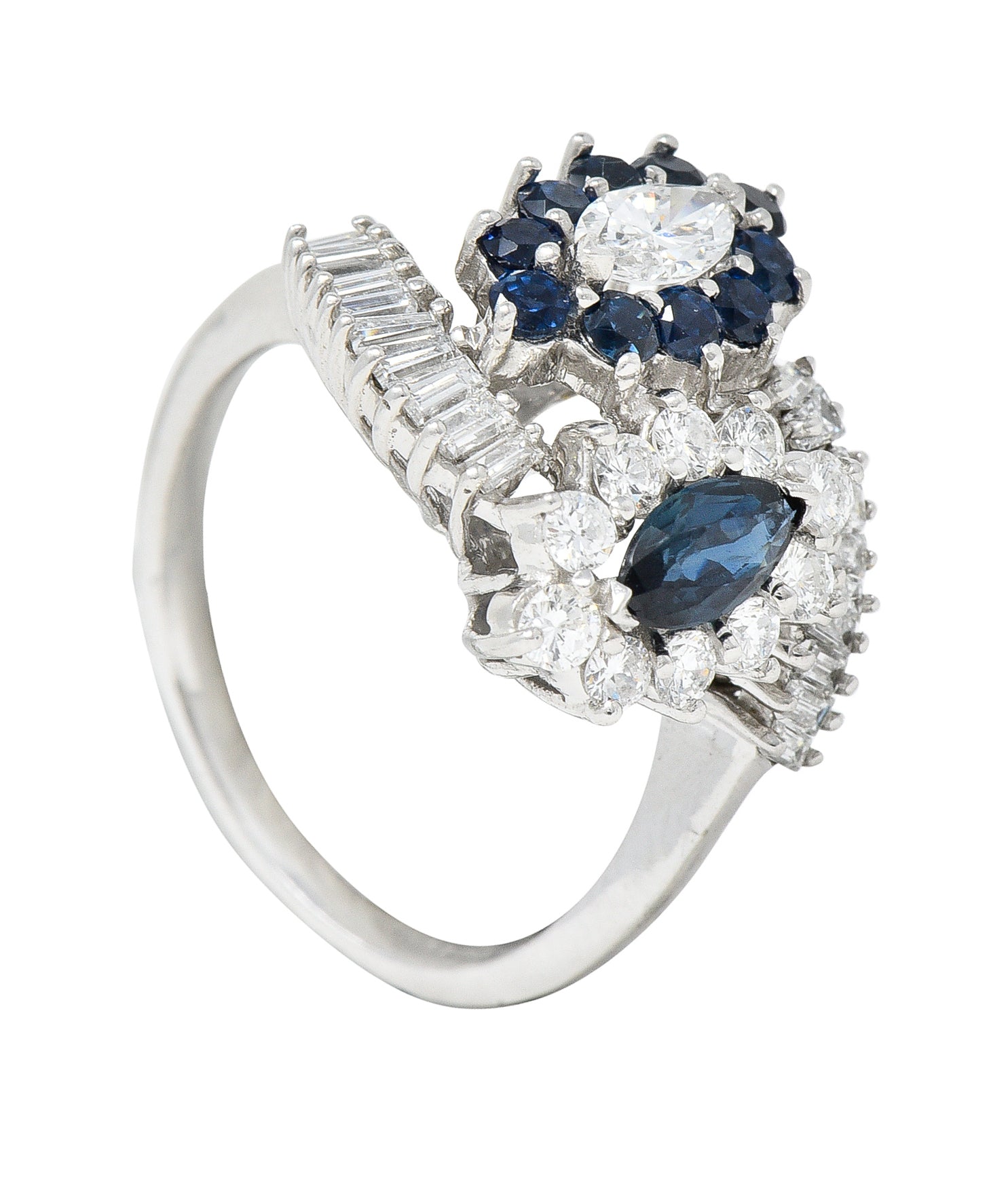 Mid-Century 1.68 CTW Marquise Cut Sapphire Diamond Platinum Clustered Vintage Bypass Ring Wilson's Estate Jewelry