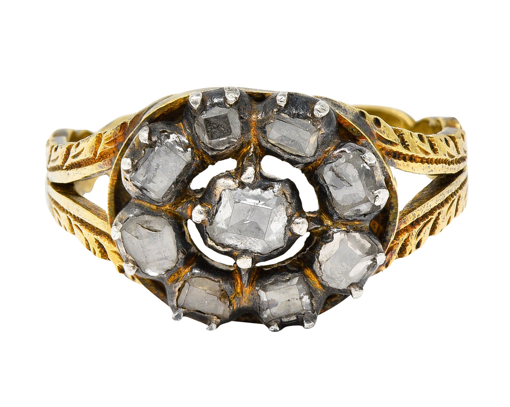 Georgian Table Cut Diamond Silver-Topped 14 Karat Gold Cluster Ring Wilson's Antique & Estate Jewelry