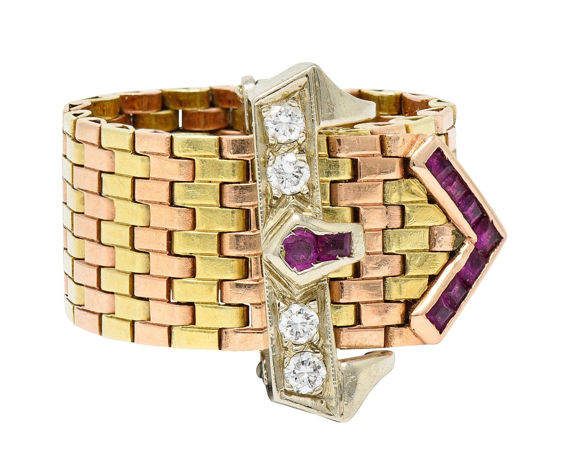 Retro 0.45 CTW Ruby Diamond 14 Karat Tri-Colored Gold Buckle RingRing - Wilson's Estate Jewelry