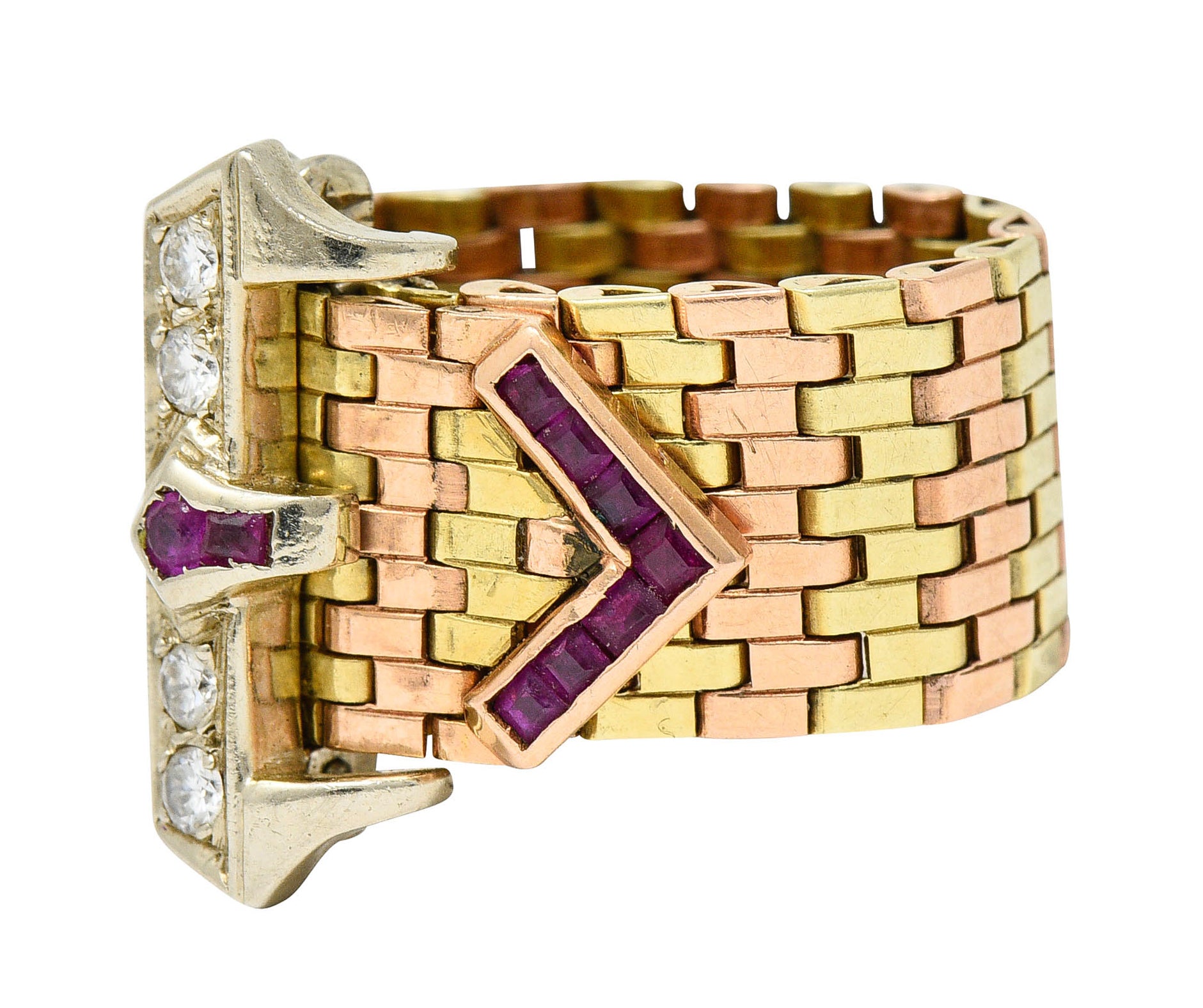 Retro 0.45 CTW Ruby Diamond 14 Karat Tri-Colored Gold Buckle RingRing - Wilson's Estate Jewelry