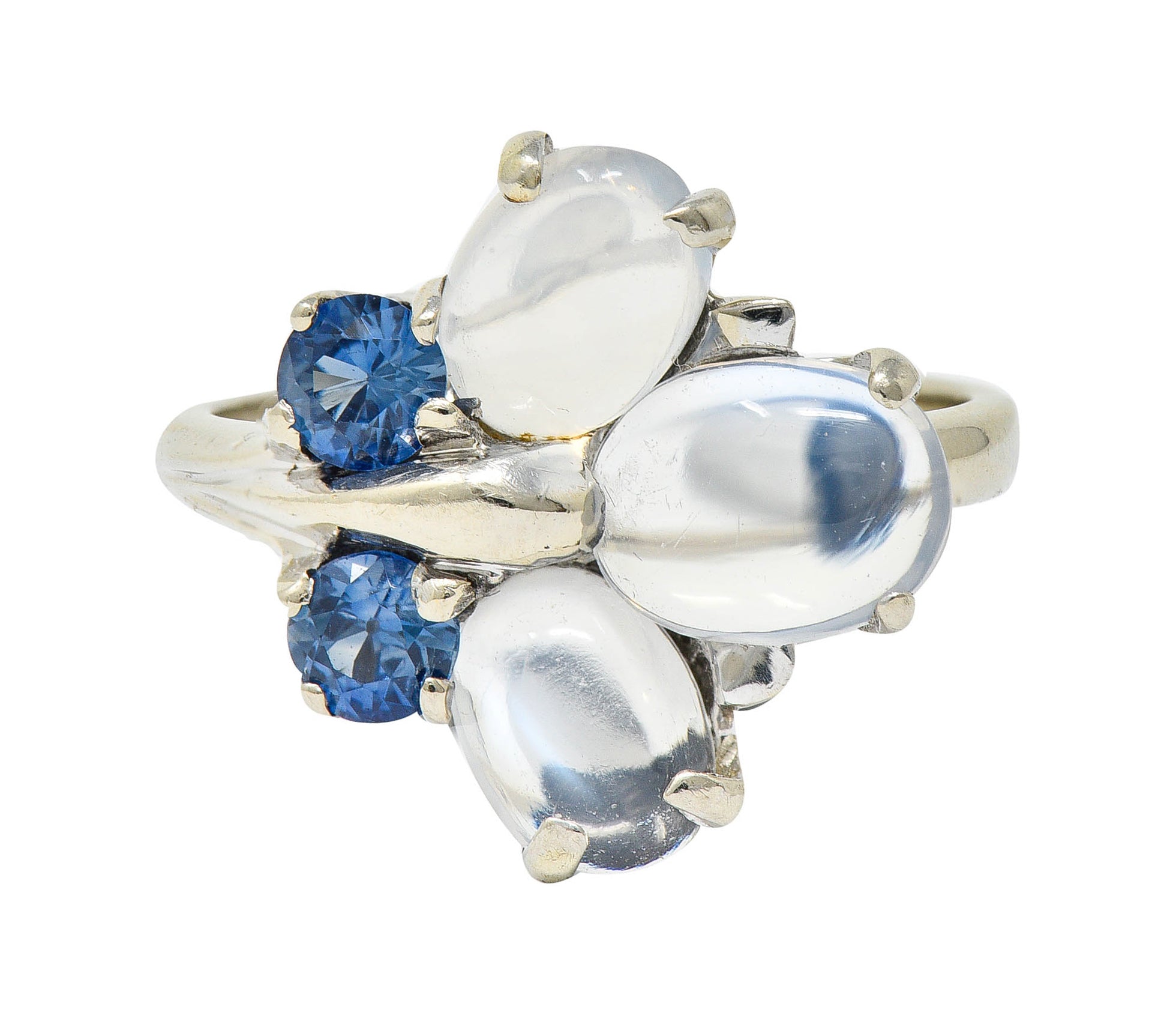 1940's Retro Sapphire Moonstone 14 Karat White Gold Floral Cluster RingRing - Wilson's Estate Jewelry