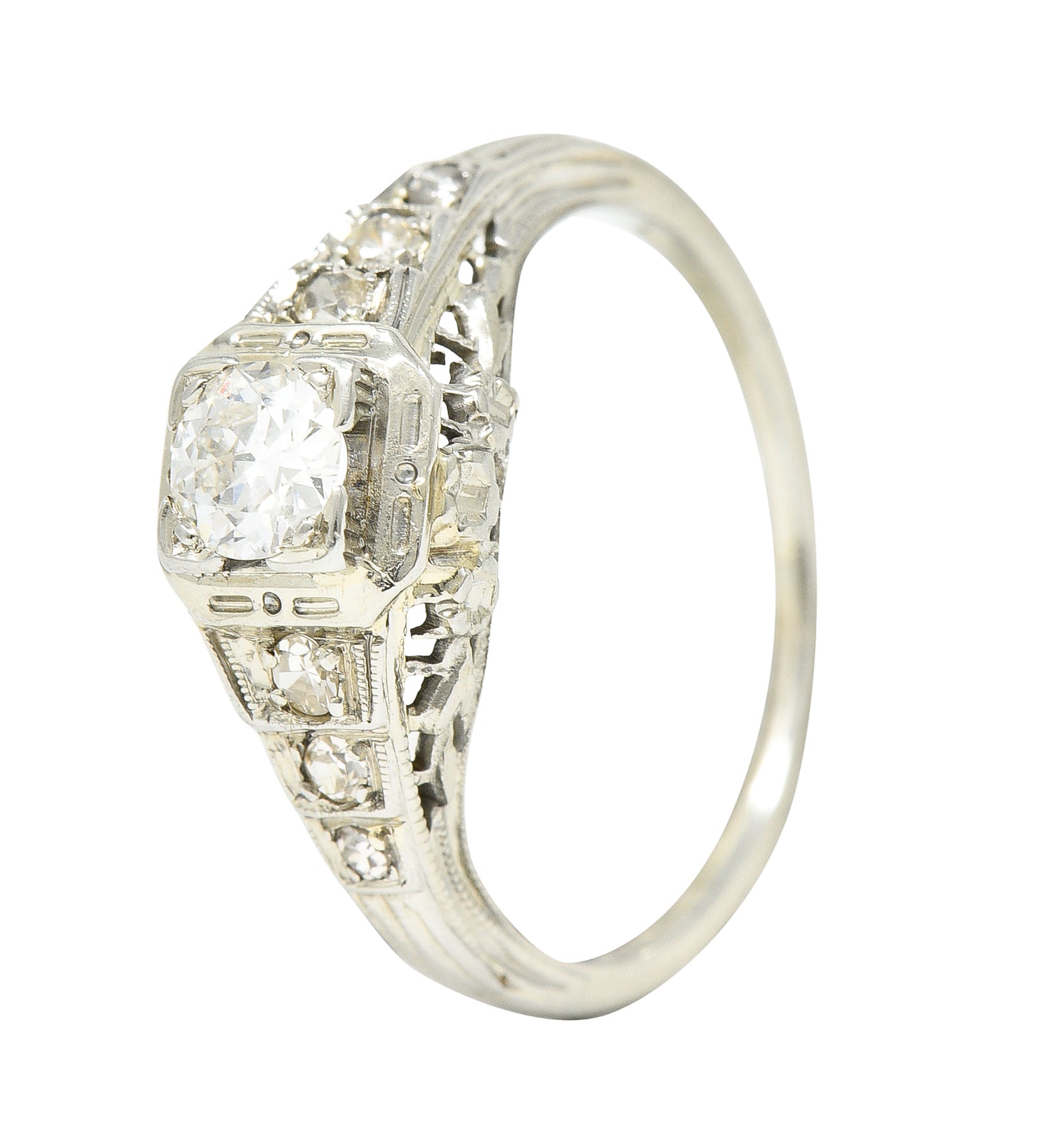 Art Deco 0.36 CTW European Cut Diamond 18 Karat White Gold Garland Vintage Engagement Ring Wilson's Estate Jewelry