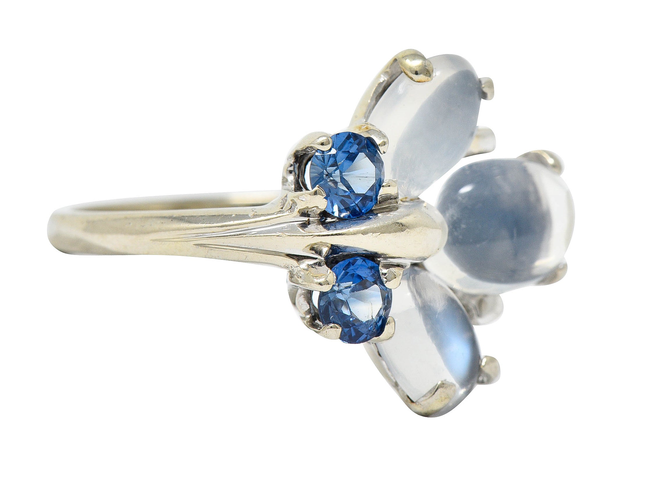 1940's Retro Sapphire Moonstone 14 Karat White Gold Floral Cluster RingRing - Wilson's Estate Jewelry