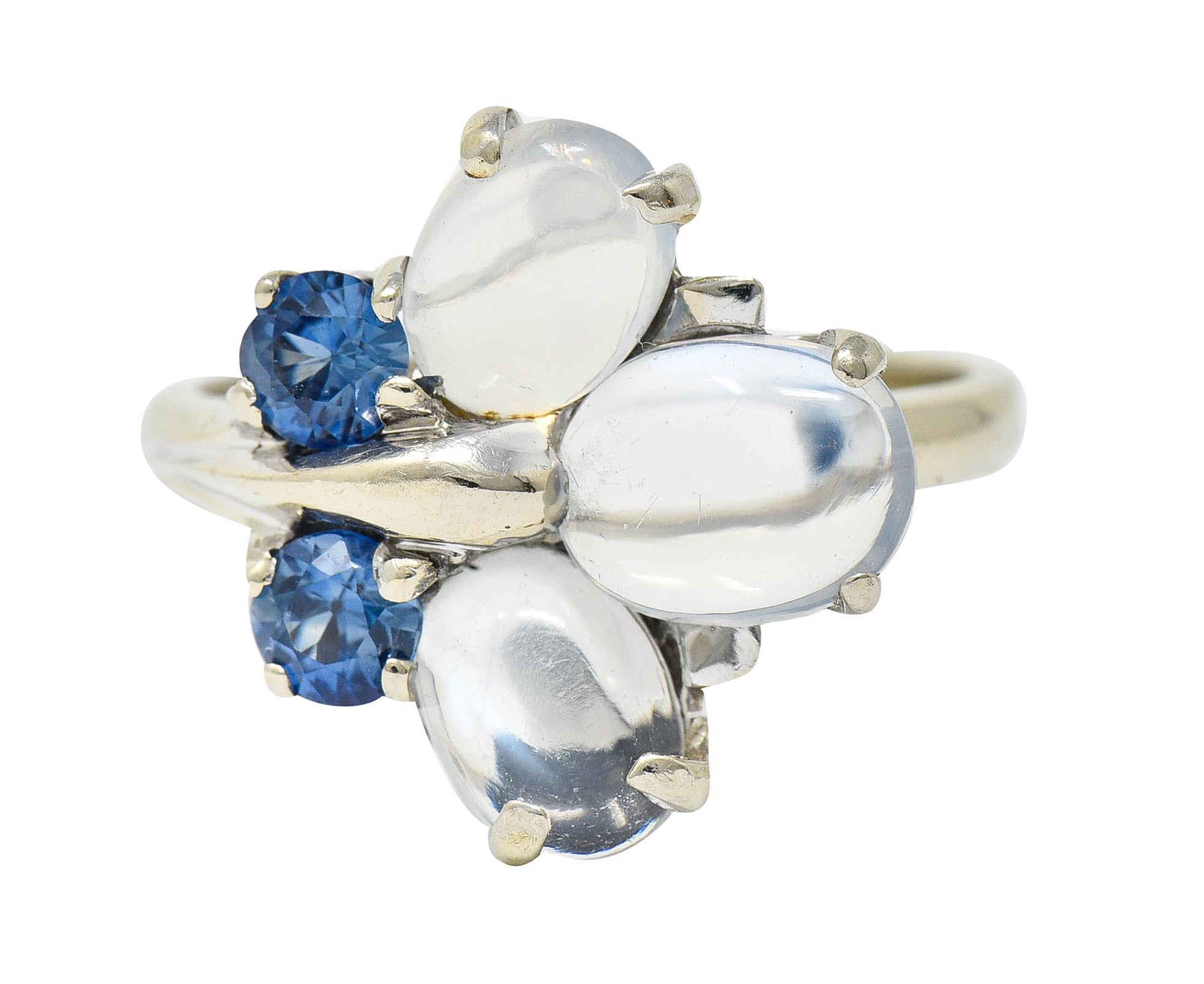 1940's Retro Sapphire Moonstone 14 Karat White Gold Floral Cluster RingRing - Wilson's Estate Jewelry