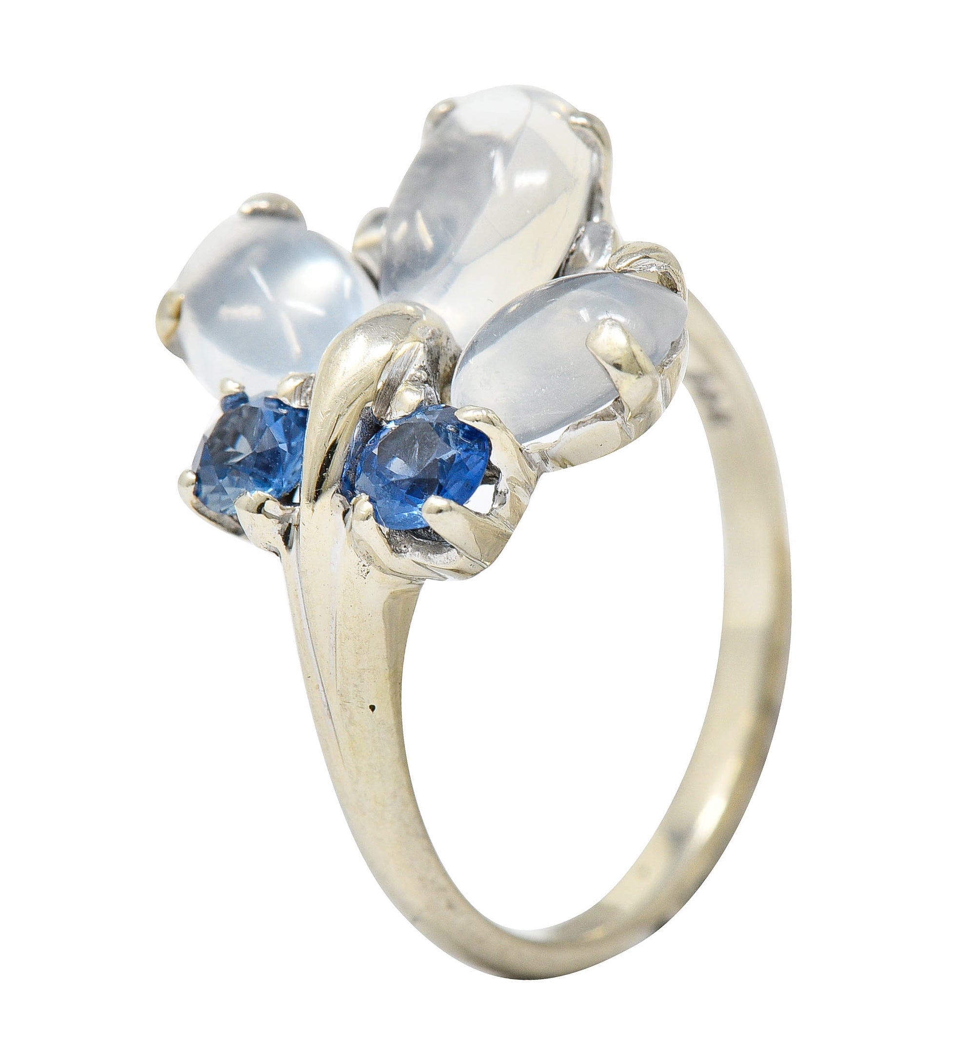 1940's Retro Sapphire Moonstone 14 Karat White Gold Floral Cluster RingRing - Wilson's Estate Jewelry