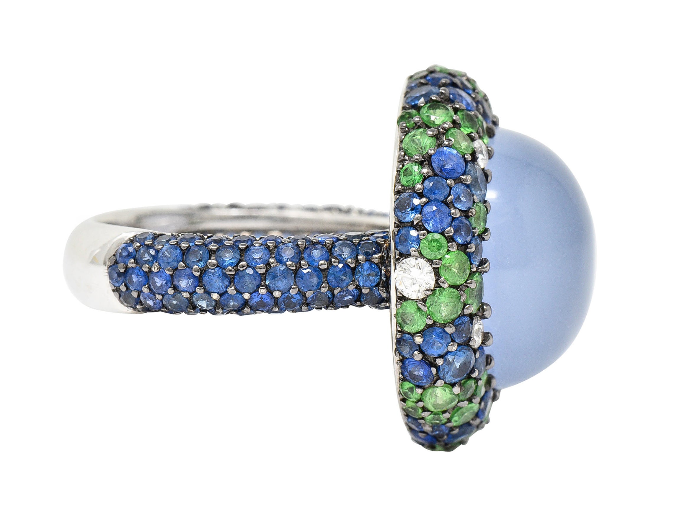 Blue Chalcedony 7.55 CTW Sapphire Diamond Tsavorite 18 Karat White Gold Cocktail RingRing - Wilson's Estate Jewelry